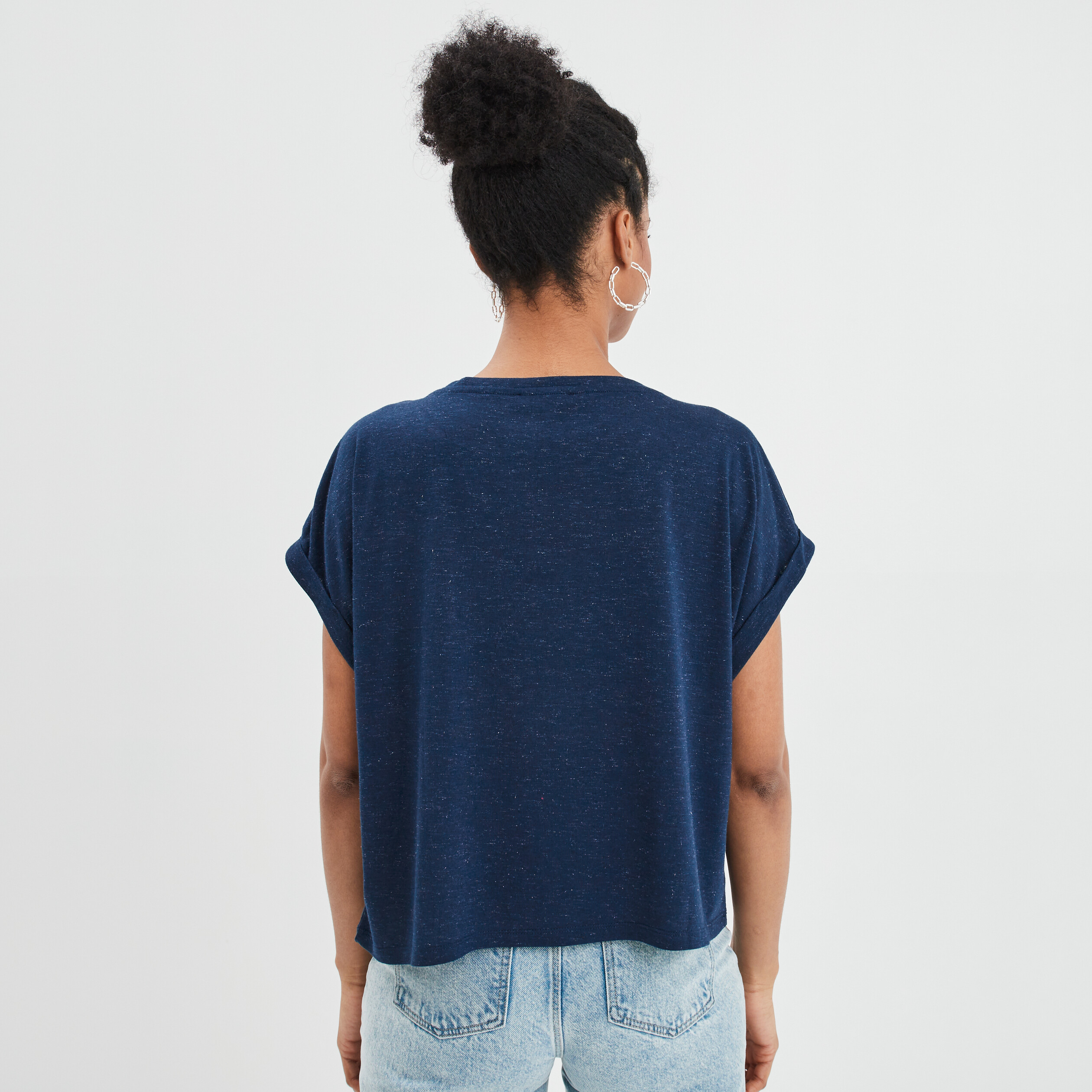 T-shirt manches courtes fils métallisés bleu marine femme | La Halle