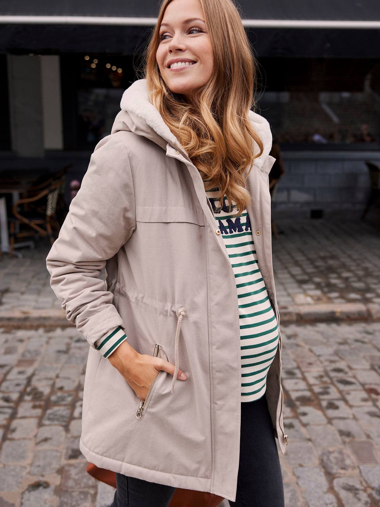 Parka évolutive grossesse et post-grossesse beige clair uni