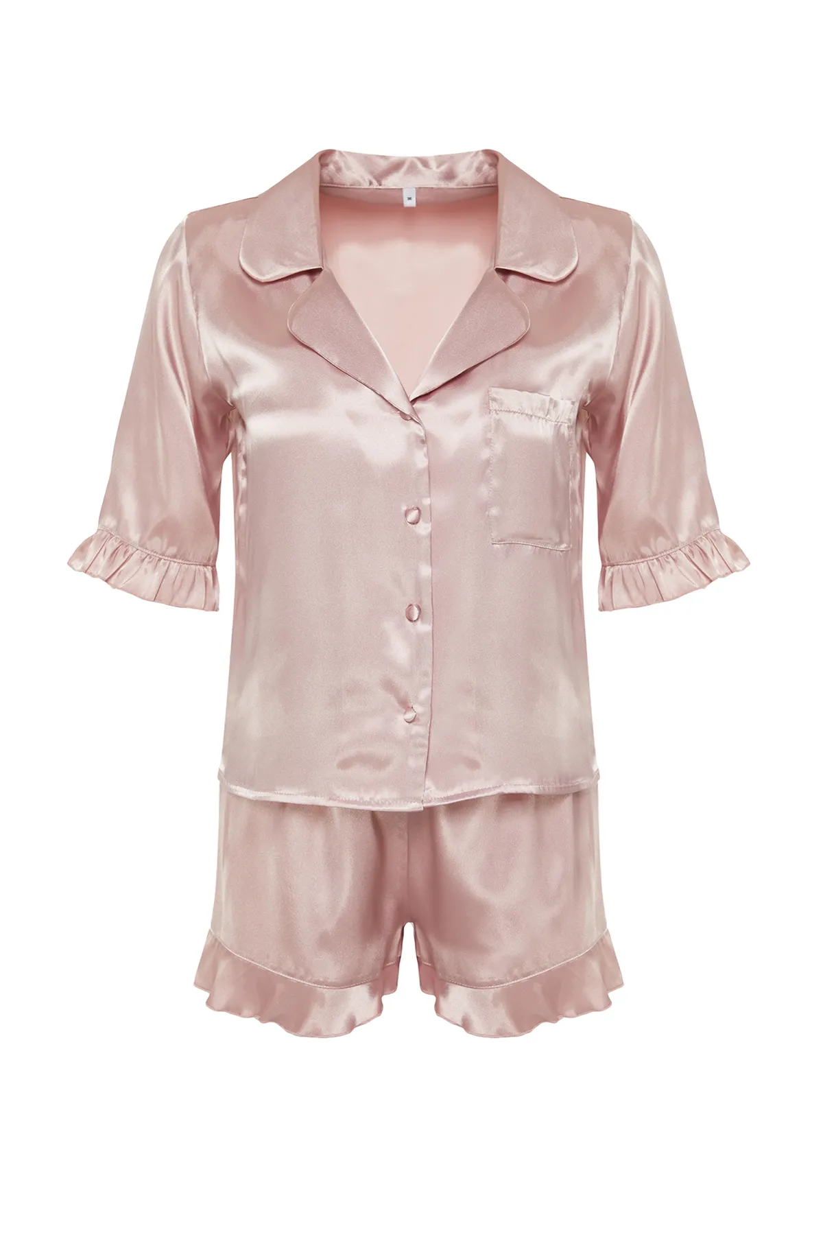 Trendyol Collection  Rosa Pyjama-Set aus gewebtem Satin mit Rüschen und Details THMSS24PT00090