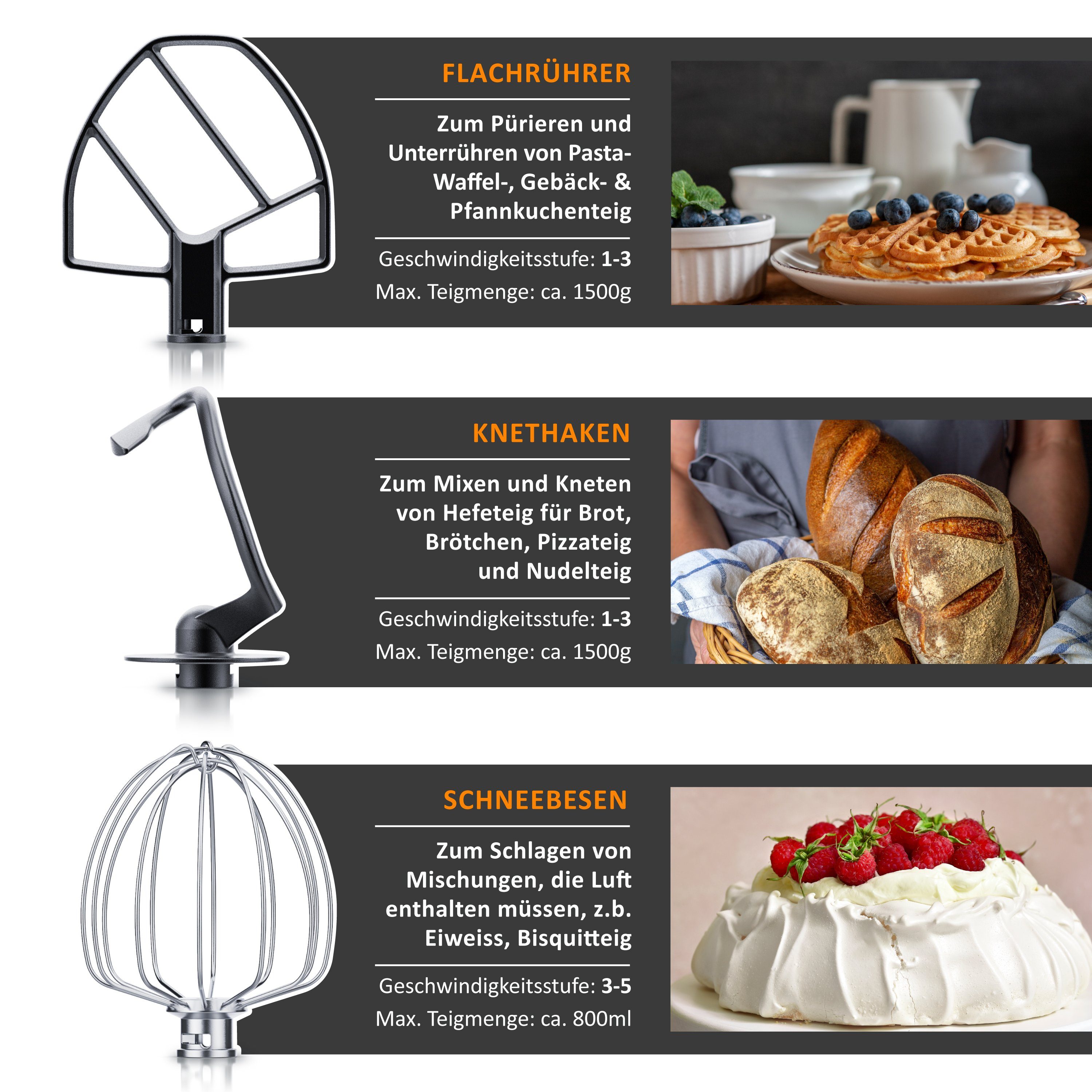 Arendo Küchenmaschine, 800 W, mit Display, 800W, 5L Edelstahlschüssel, inkl. 3 Rührwerkzeuge