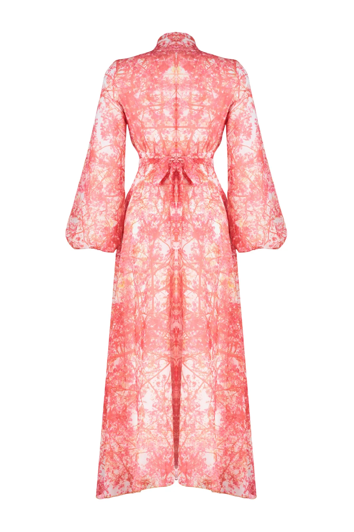 Trendyol Modest  Rotes, mit Blumenmuster gefüttertes, langes Chiffon-Abendkleid TCTSS24EB00040