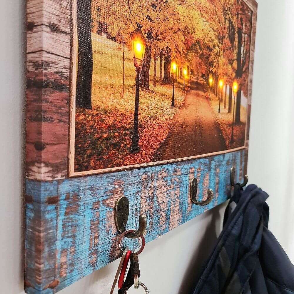 GarPet Schlüsselbrett LED Schlüsselboard Flur Leinwand Holz Schlüssel Brett Halter Garderobe