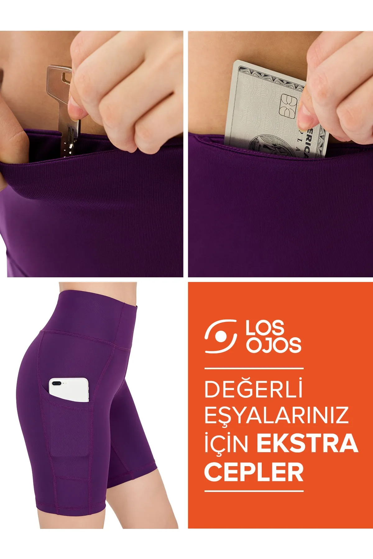 LOS OJOS  Lila Damen-Kompressor-Biker-Shorts mit hoher Taille und doppelter Tasche, kurze Sport-Tights