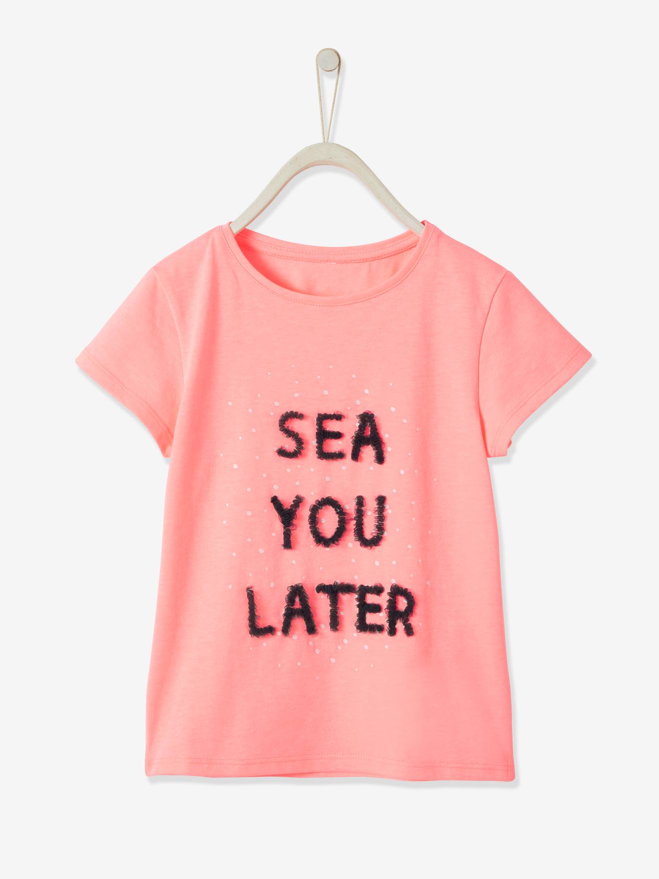 T-shirt fille motif en tulle rose fluo