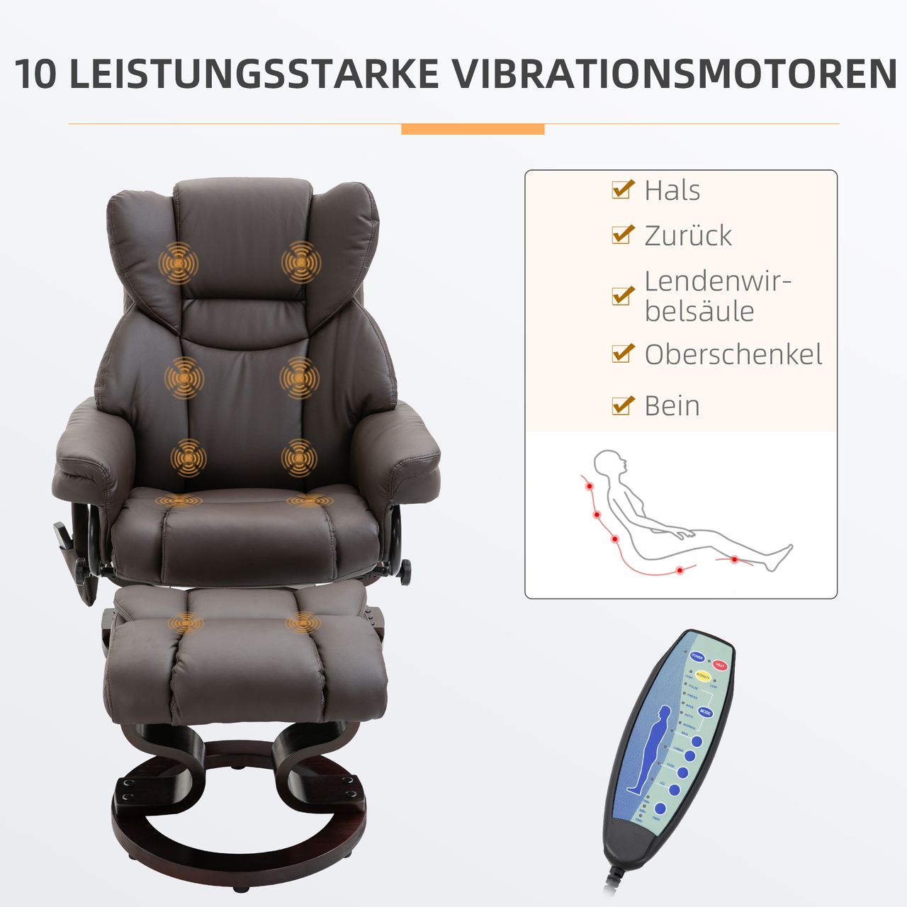 HOMCOM Massagesessel mit Fußhocker Relaxsessel 145°-Neigung Kunstleder Braun 79 x 82 x 101 cm