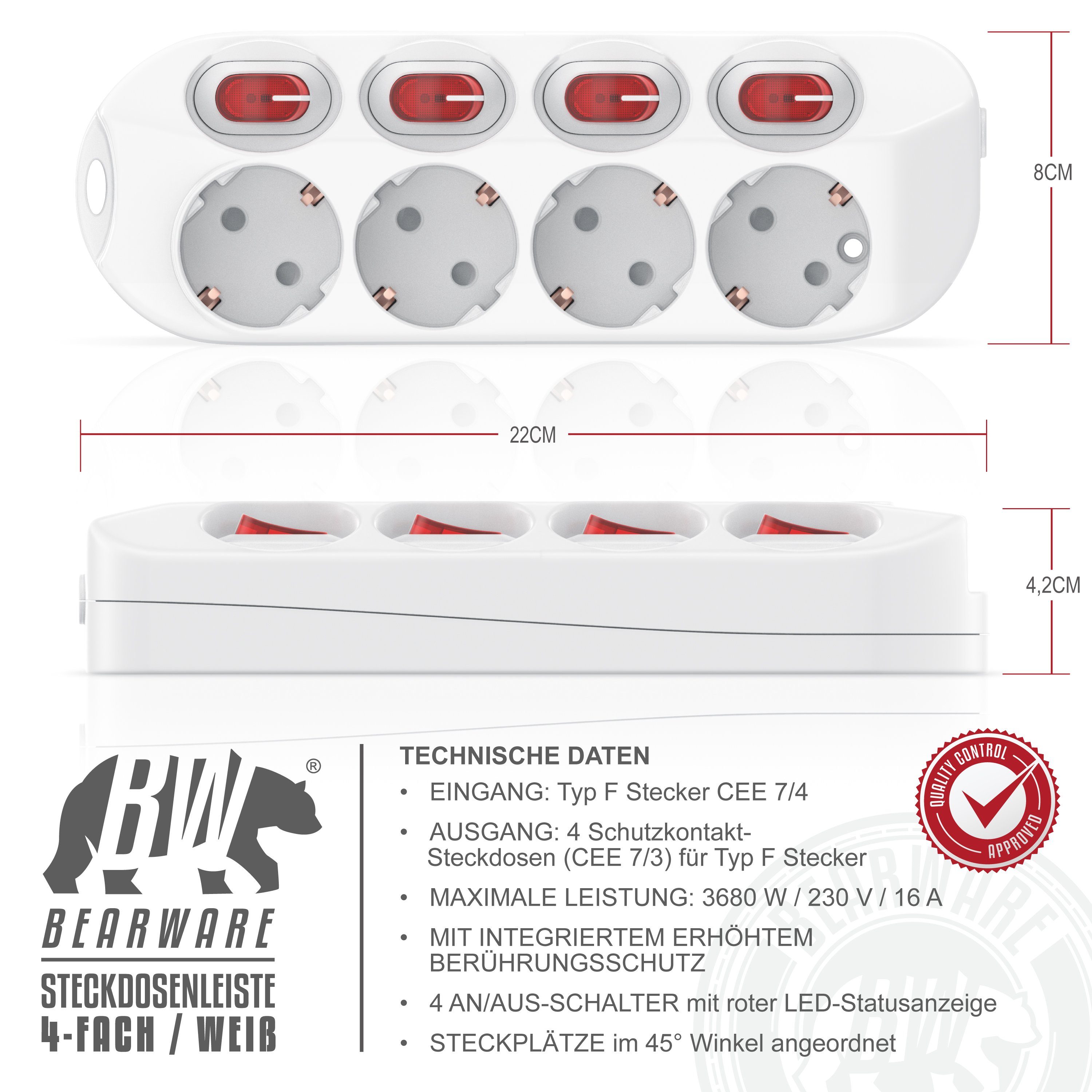 BEARWARE Steckdosenleiste 4-fach (mit Ein Aus Schalter für jede Dose, Schutzkontaktstecker, Kindersicherung, Kabellänge 1,5 m), Steckdosenleiste - max. 3680W
