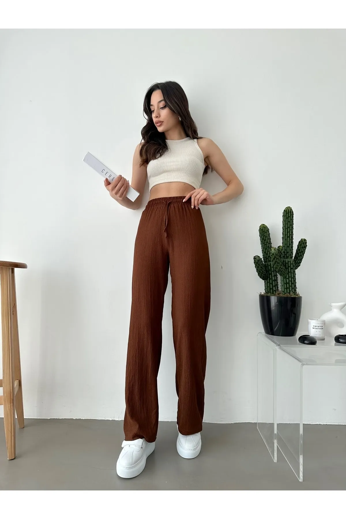 BEJNA  Braune Palazzo-Hose mit elastischem Bund für Damen