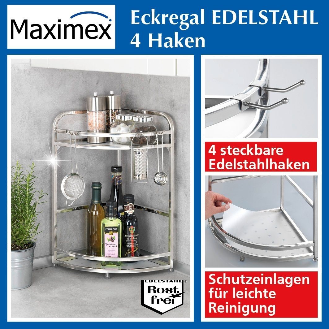 Maximex Eckregal Eckregal Edelstahl 4 Haken Maße ca.: 24 x 24 x 45 cm.