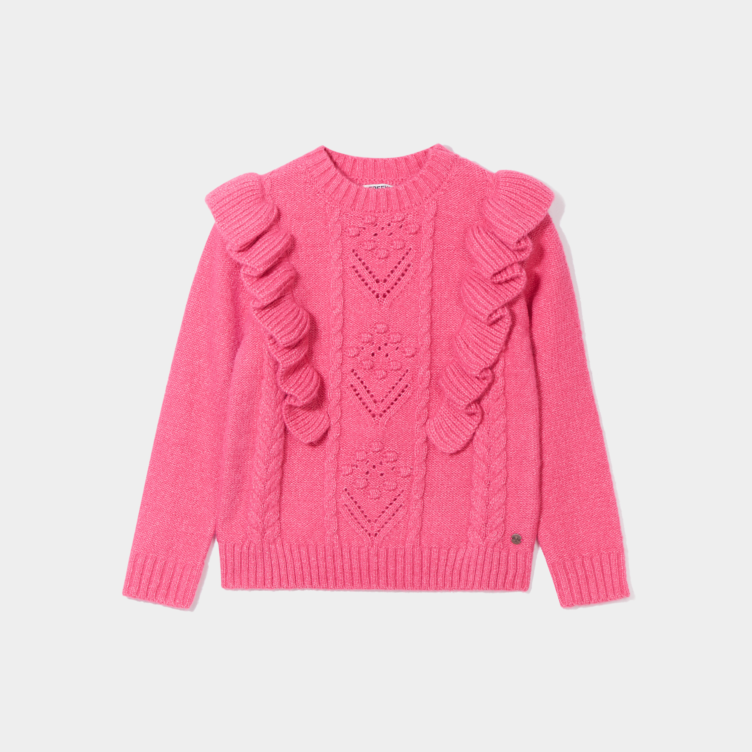 Pull avec volants et torsades rose fushia fille | La Halle