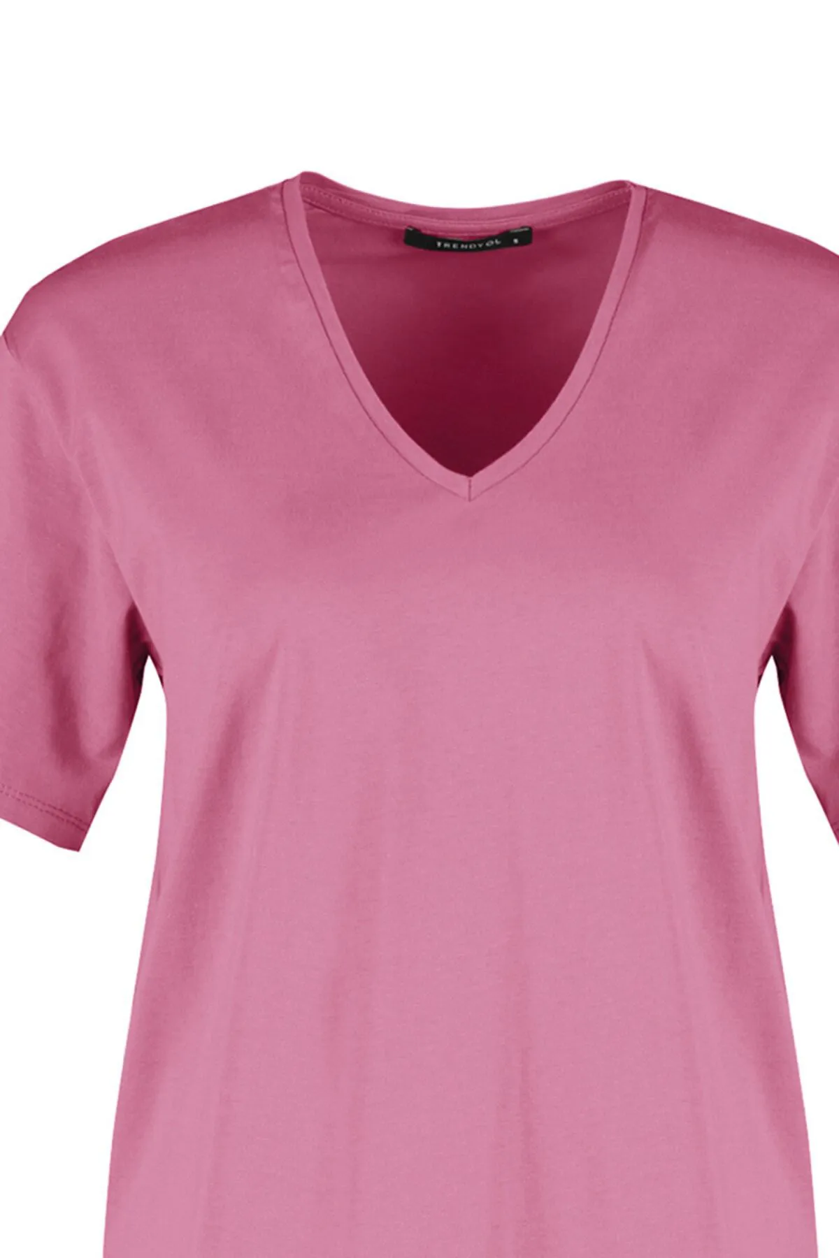 Trendyol Collection  Rosa, 100 % Baumwolle, Oversize/Weite Passform, V-Ausschnitt, Strick-T-Shirt TWOSS23TS00003