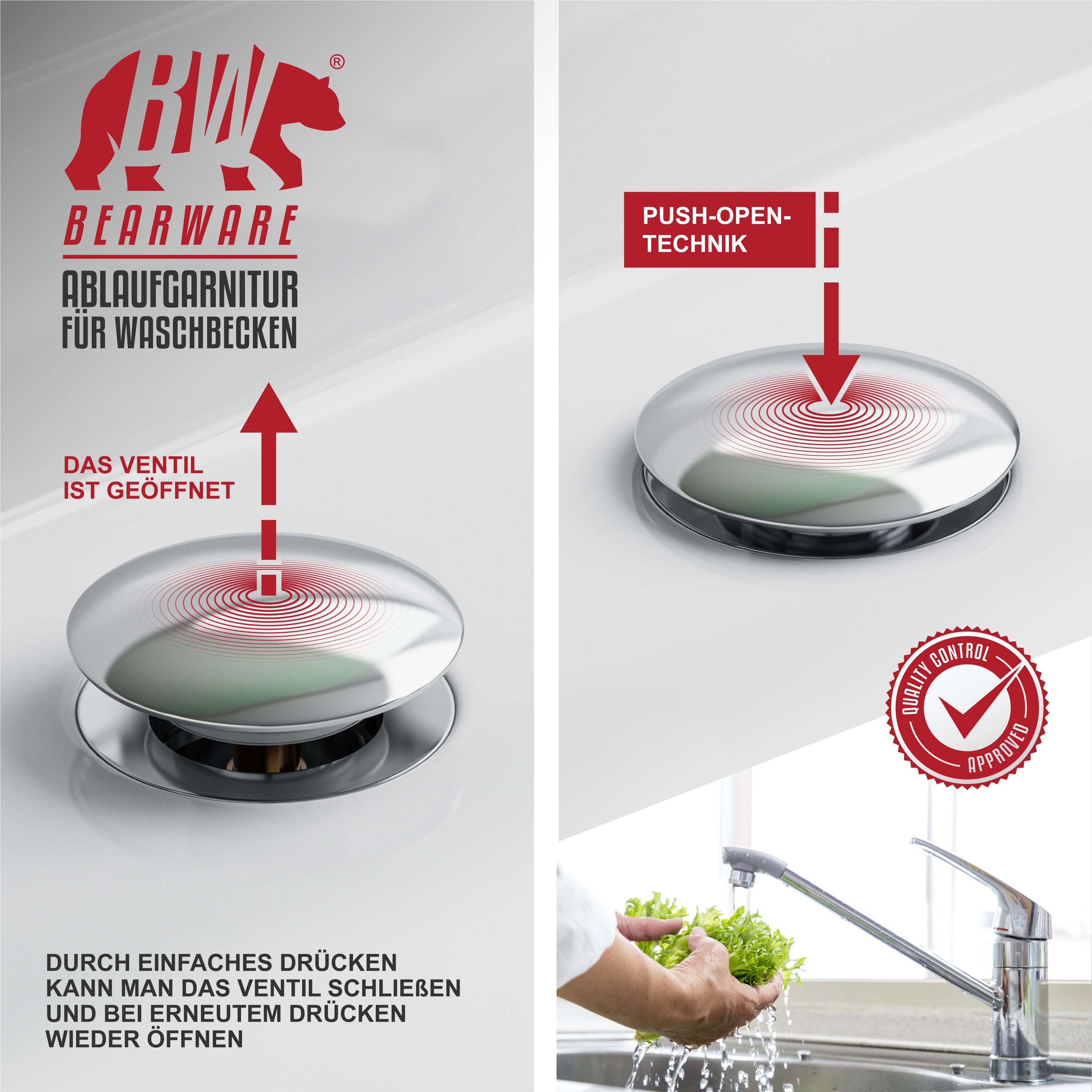 BEARWARE Ablaufgarnitur mit Überlauf Stöpsel, Messing verchromt, 1¼ Zoll, Ablaufventil, Pop Up