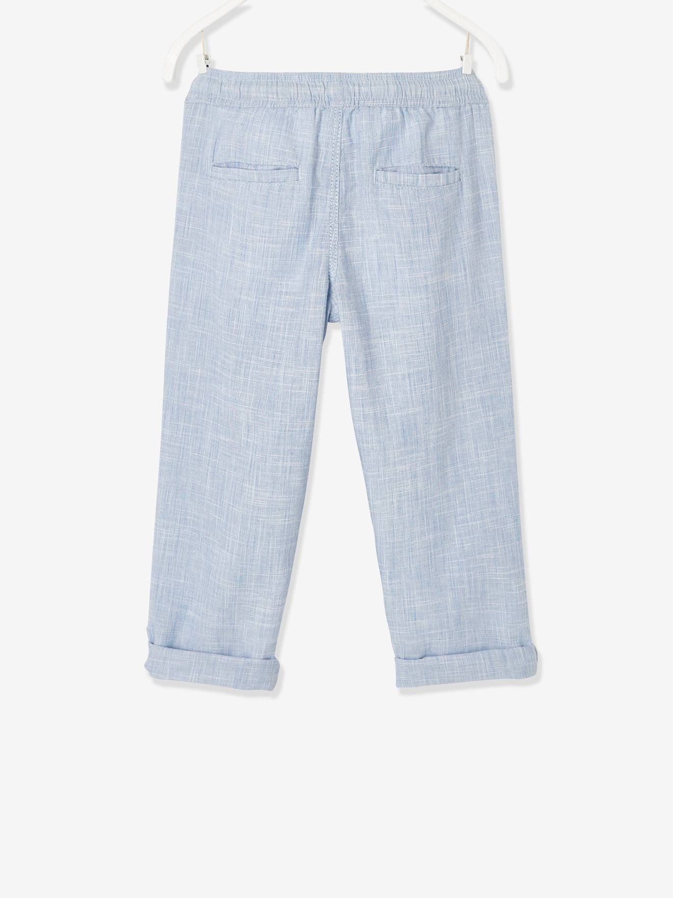 Pantalon léger retroussable en pantacourt garçon aspect lin tissé bleu clair