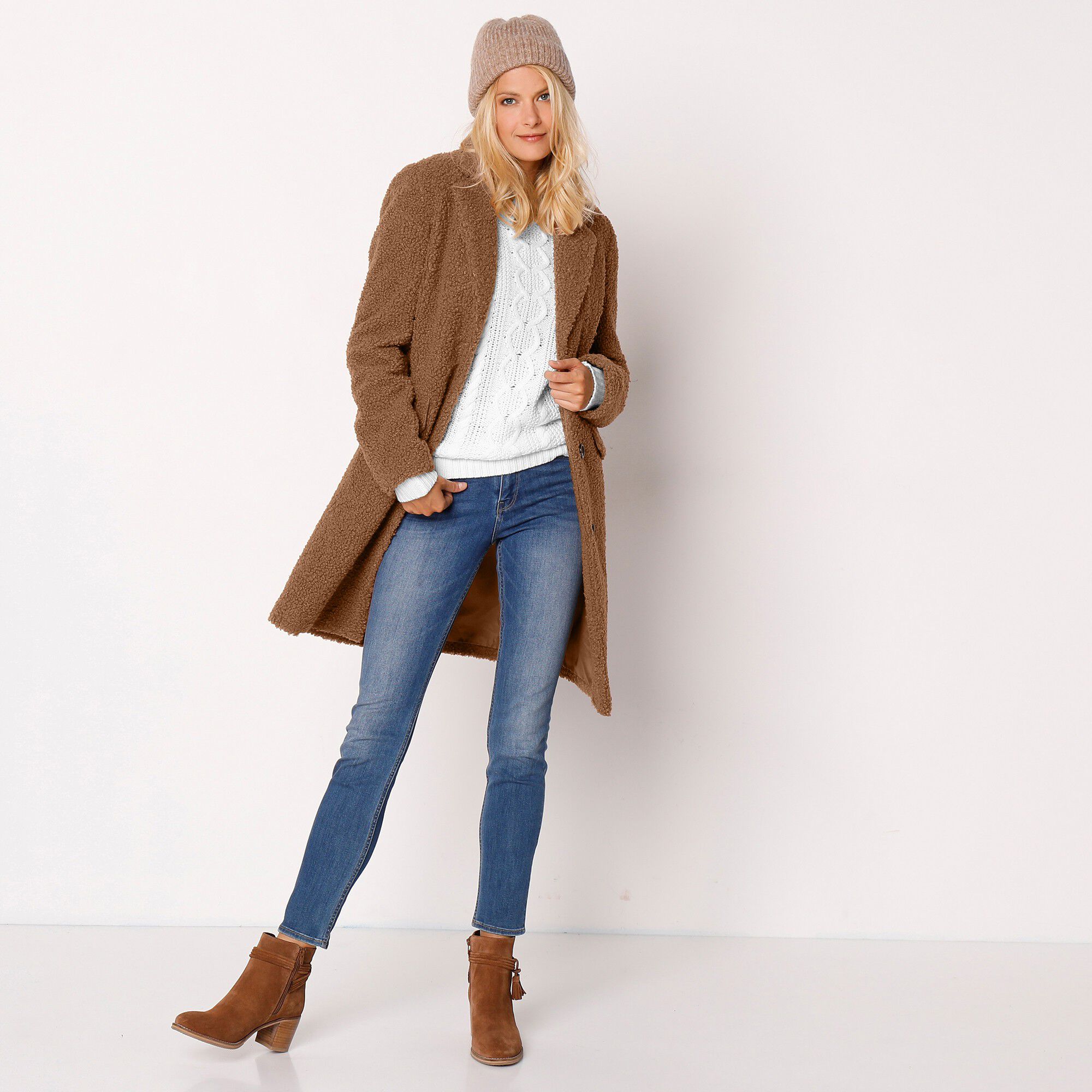 Manteau maille bouclette col tailleur