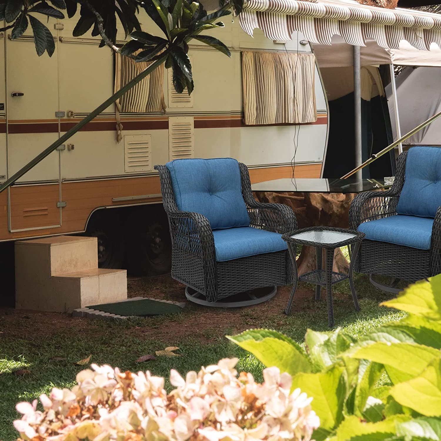 KAHOO Garten-Essgruppe 3tlg. Balkonmöbel Set, Polyrattan, inkl. Kissen