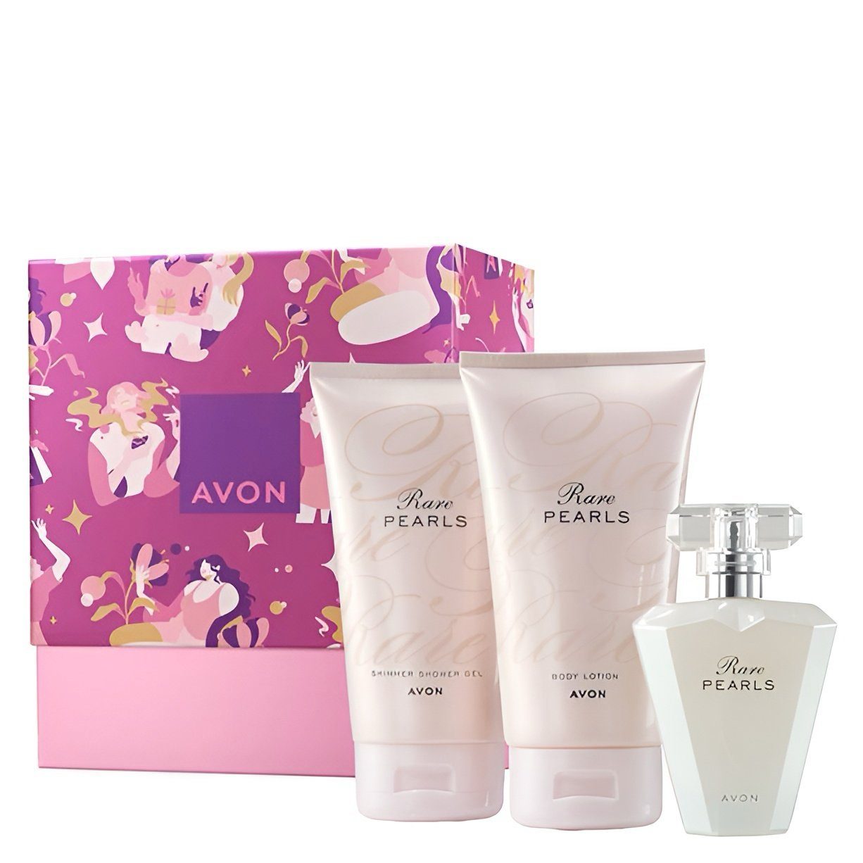 AVON Cosmetics Pflege-Geschenkset RARE PEARLS Eau de Parfum 50 ml, Body Lotion 150 ml, Duschgel 150 ml Bis zu 24 Stunden Frische Mattes Finish Spurenfrei Atmungsaktive Formel Feuchtigkeits- und hitzeresistent Angenehmes Gefühl Set, 3-tlg., Geschenkid