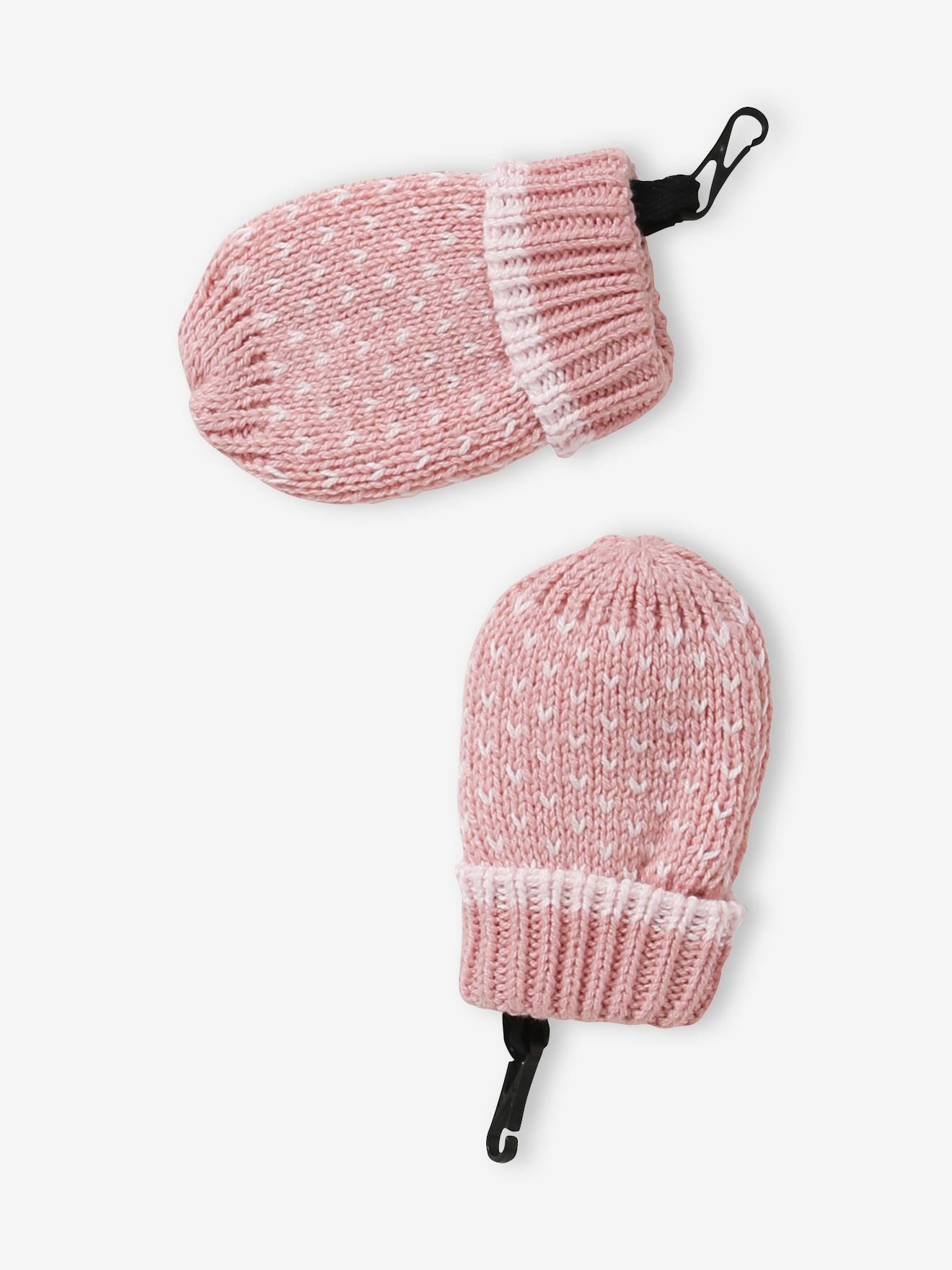 Ensemble en maille jacquard bonnet + snood + moufles bébé fille rose