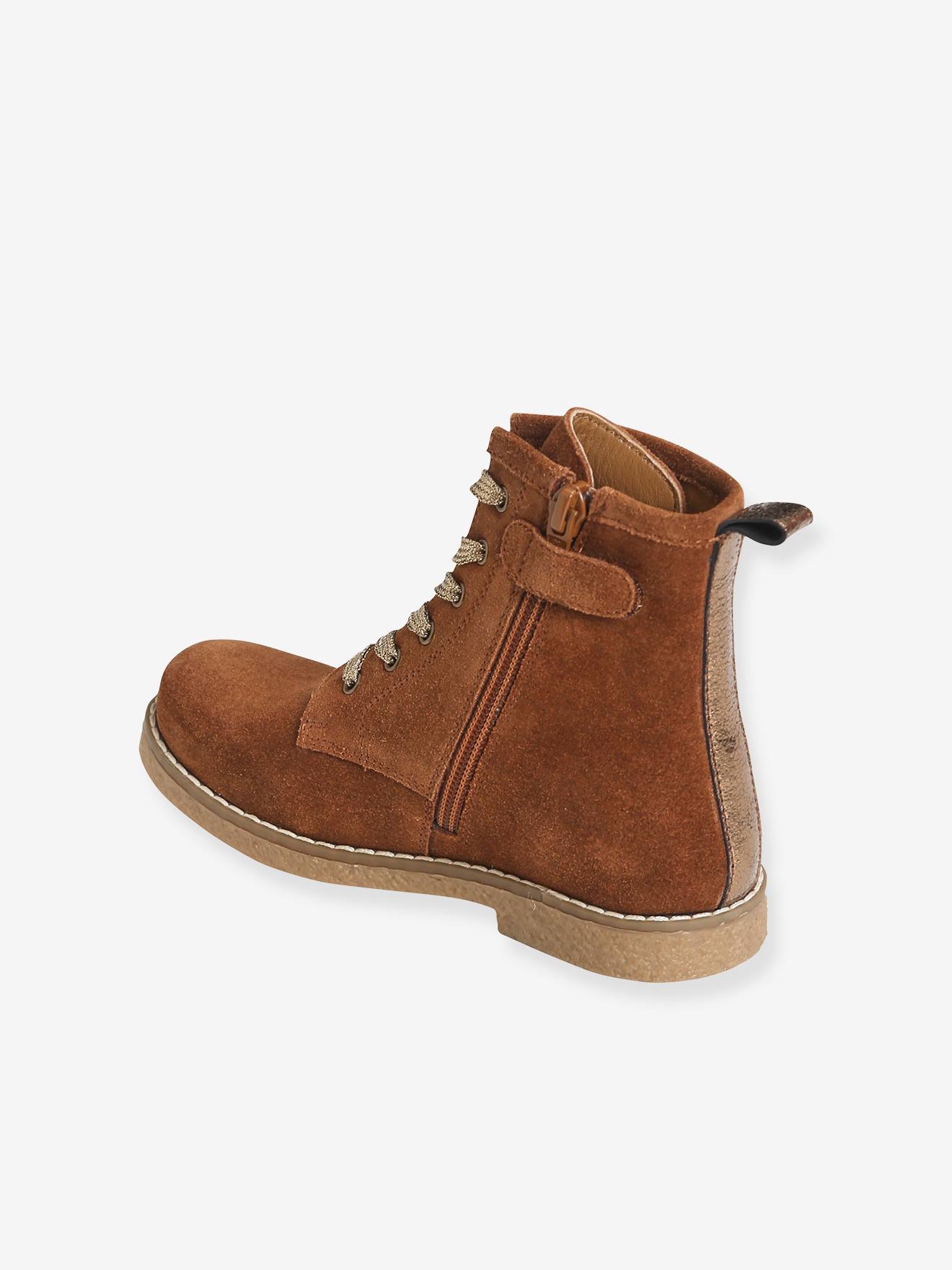 Bottines cuir fille à lacets + glissière kaki