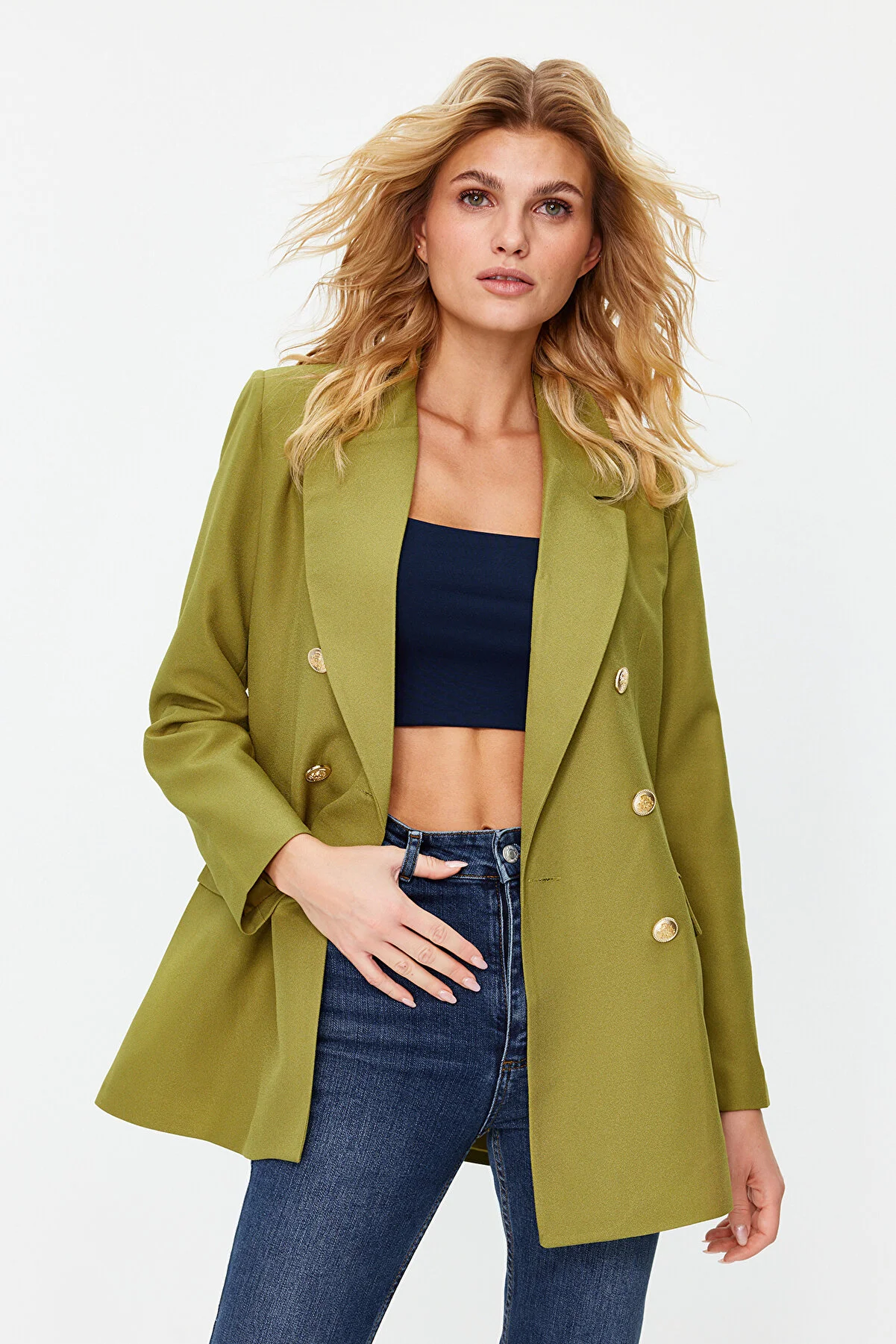 Trendyol Collection  Hellkhakifarbener, übergroßer, gefütterter, zweireihiger, gewebter Blazer-Jacke TWOSS20CE0024