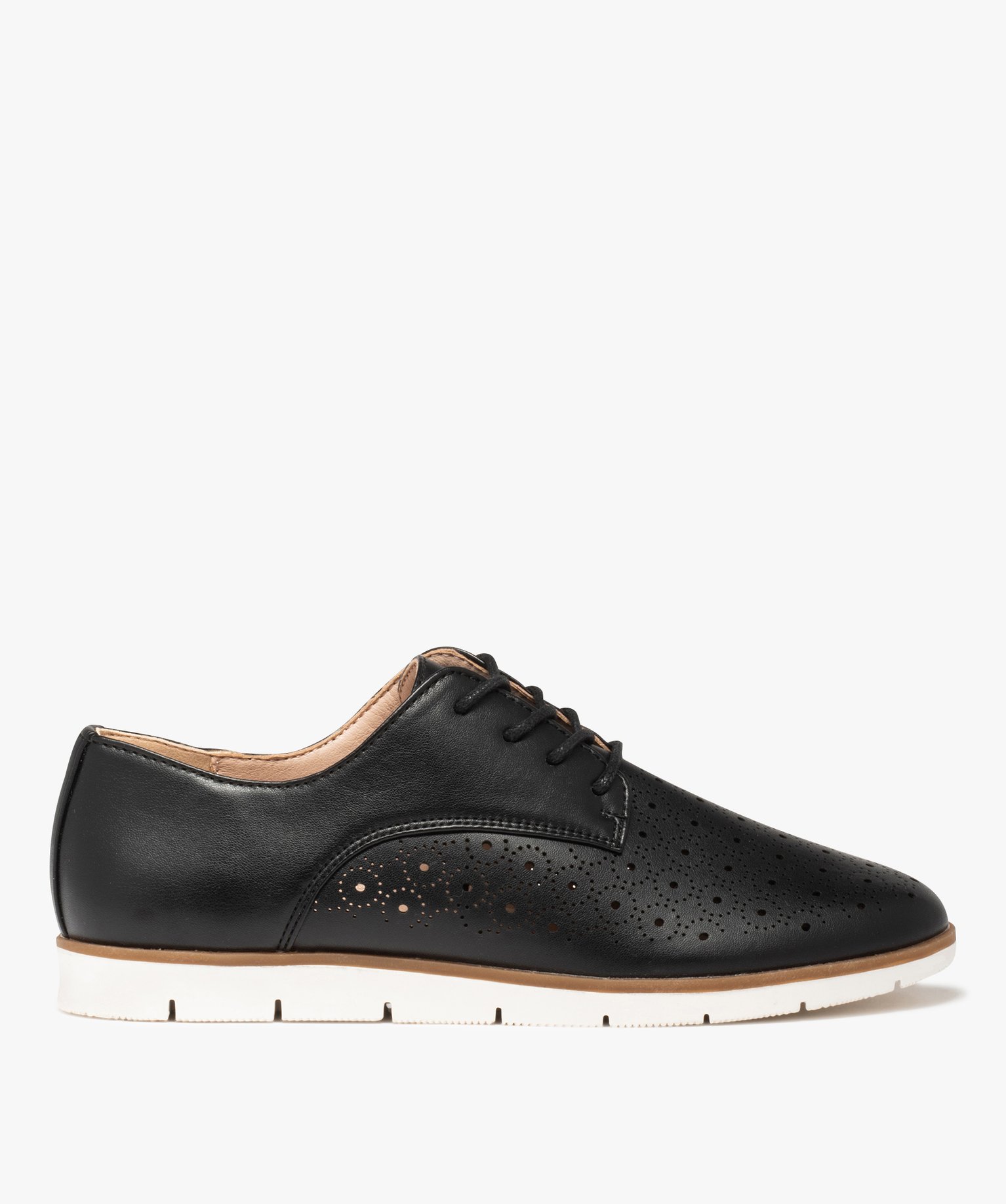 Derbies femme à talon plat et dessus perforé noir | GEMO