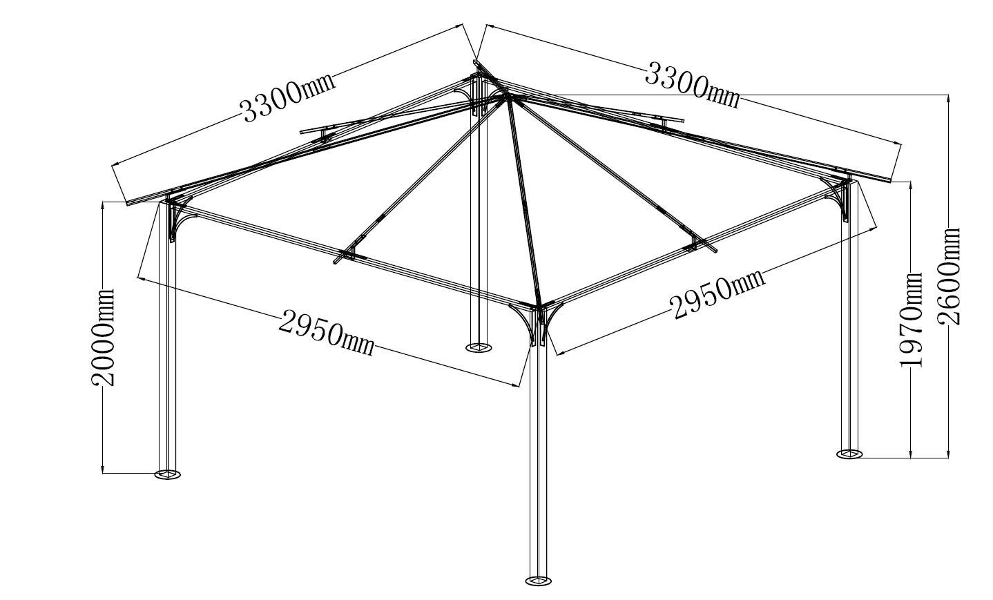DEGAMO Pavillon VENEZIA, mit 4 Seitenteilen, 3x3 Meter, Stahl schwarz, Plane PVC-beschichtet, mit Seitenplanen