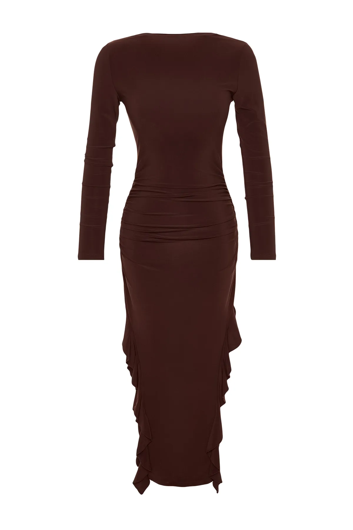 Trendyol Collection  Brauner Rock, Volants, U-Boot-Kaya, dehnbares Maxi-Strickkleid TWOAW24EL00616