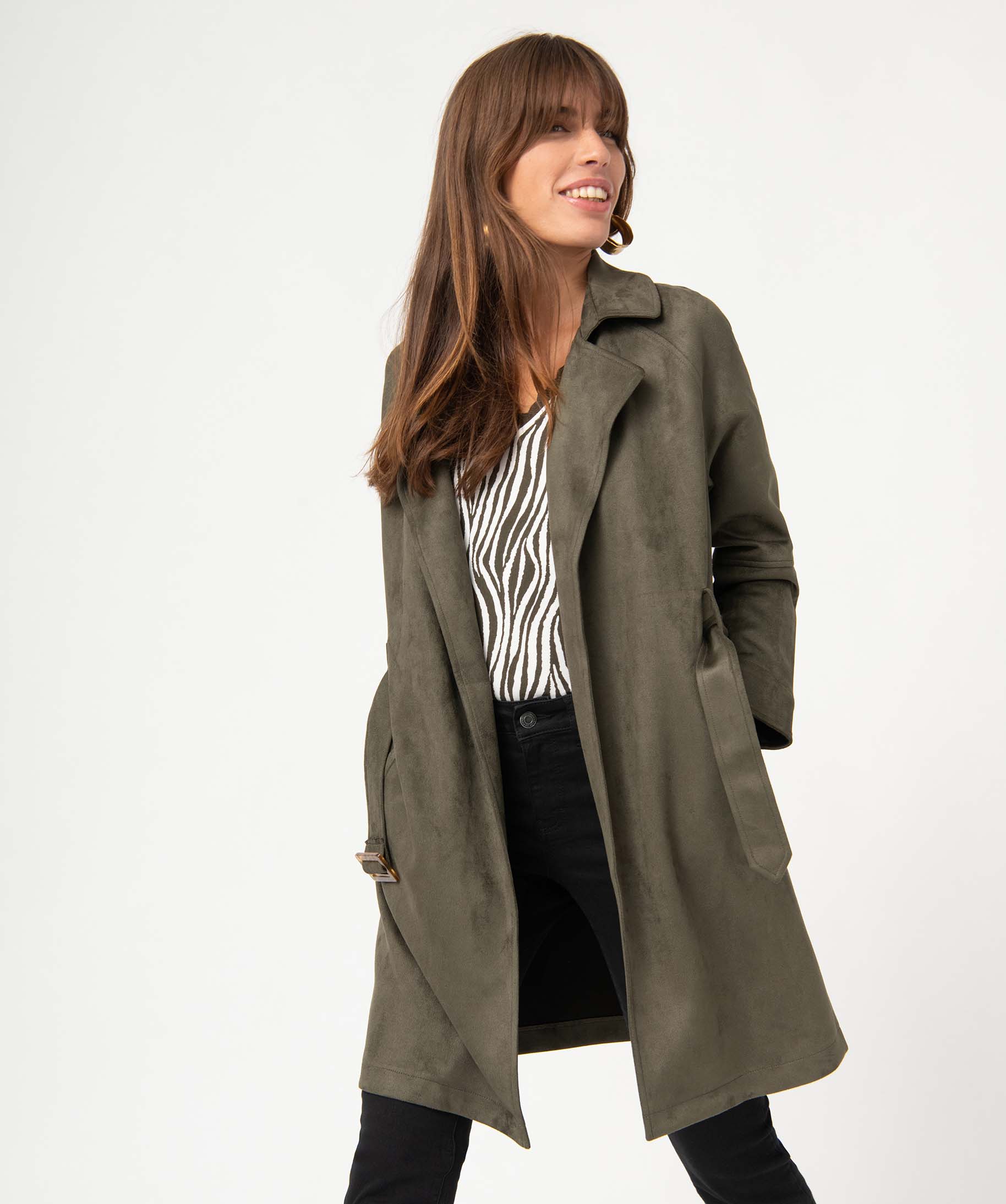 Manteau trench en suédine avec ceinture femme kaki | GEMO