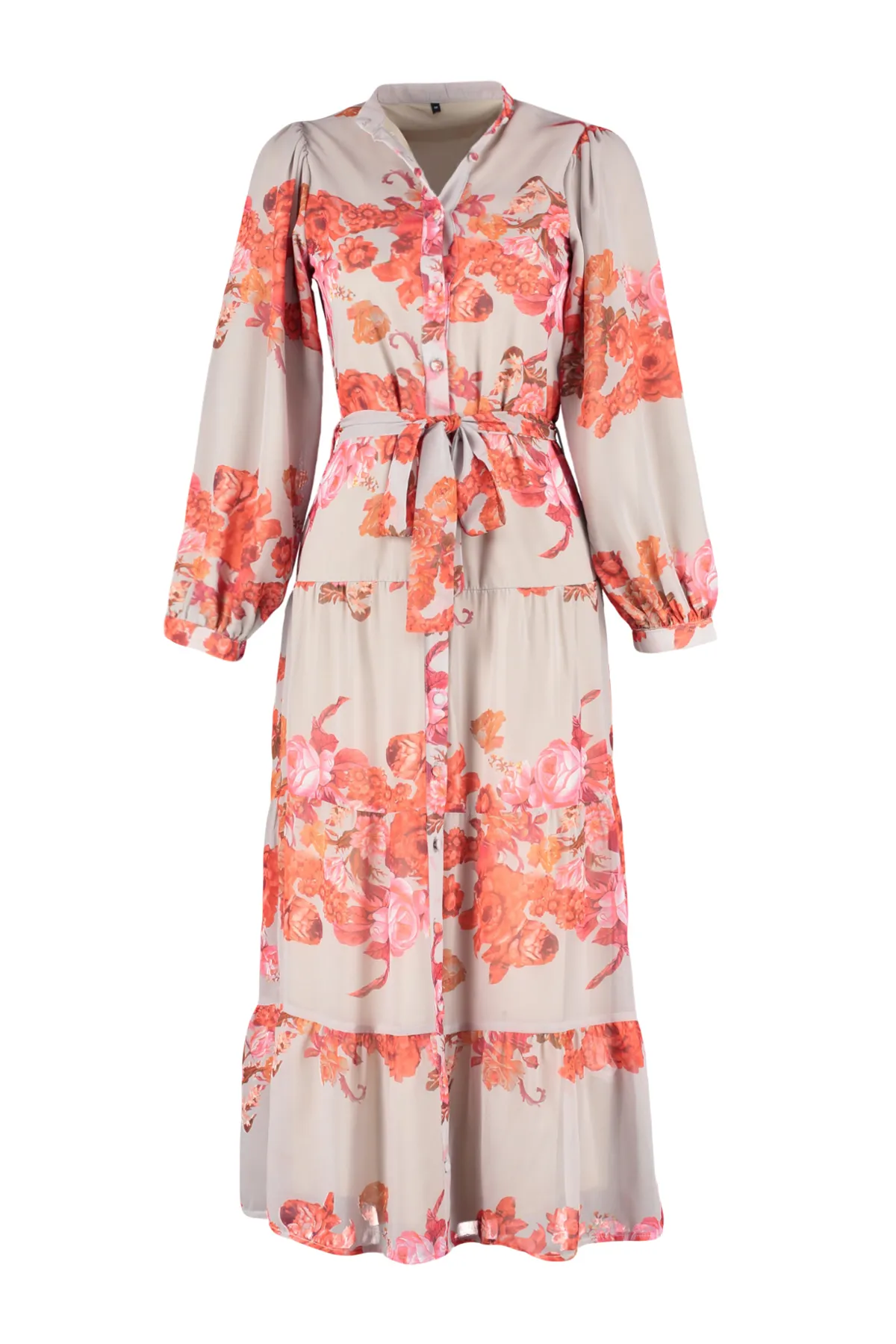 Trendyol Modest  Beigefarbenes, gefüttertes, gewebtes Kleid mit Blumenmuster und Gürtel TCTSS24EB00095