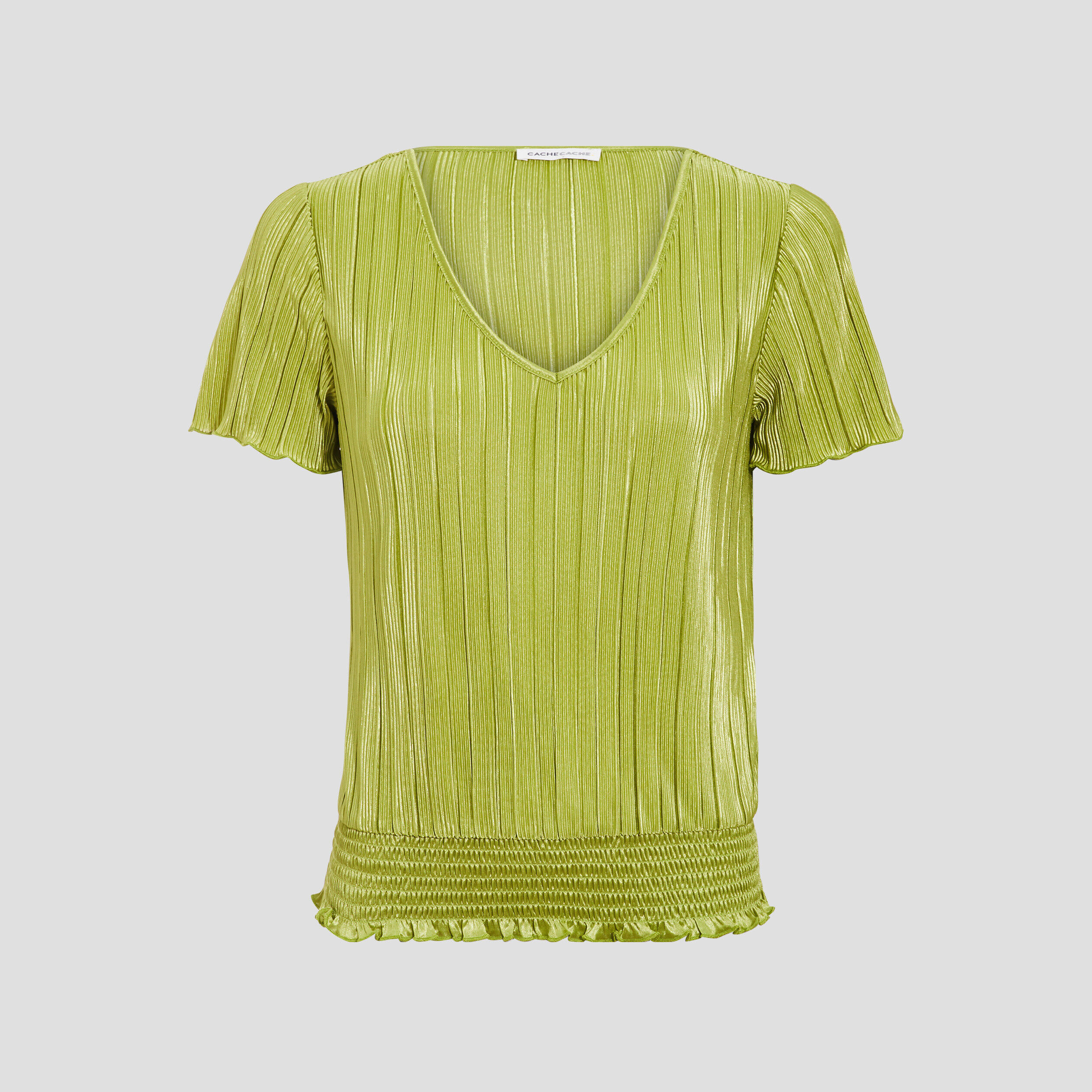 T-shirt manches courtes plissé vert anis femme | Cache Cache
