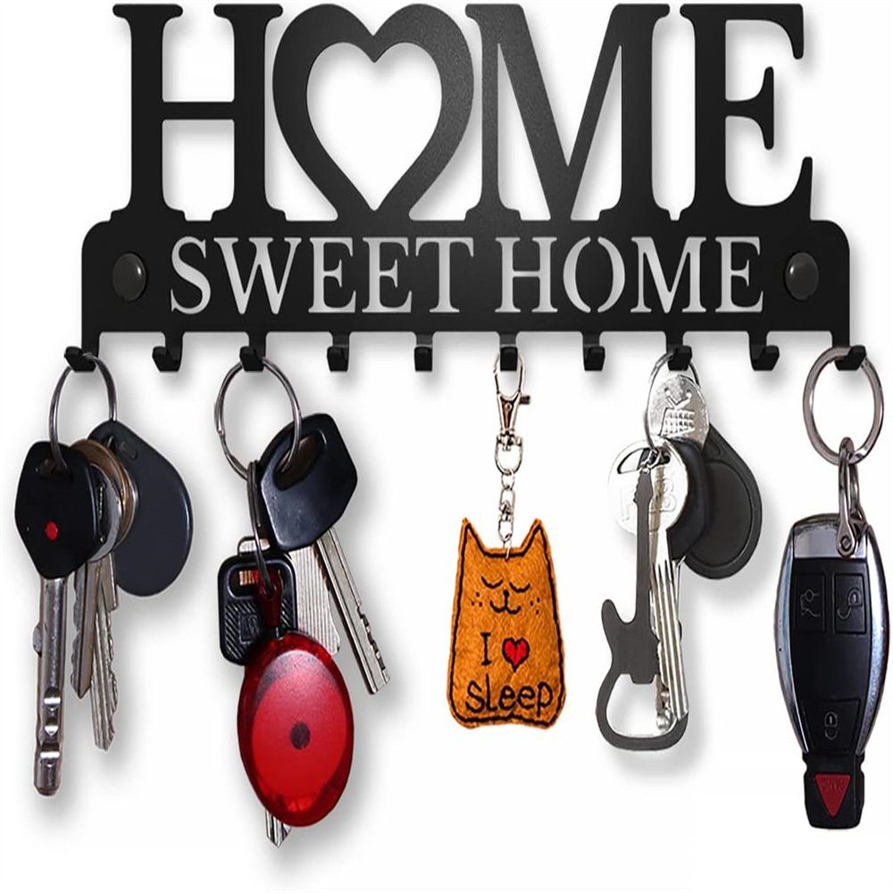 Runxizhou Schlüsselbrett Schlüsselbrett Home Sweet Home, Schlüsselboard Schwarz mit 10 Haken
