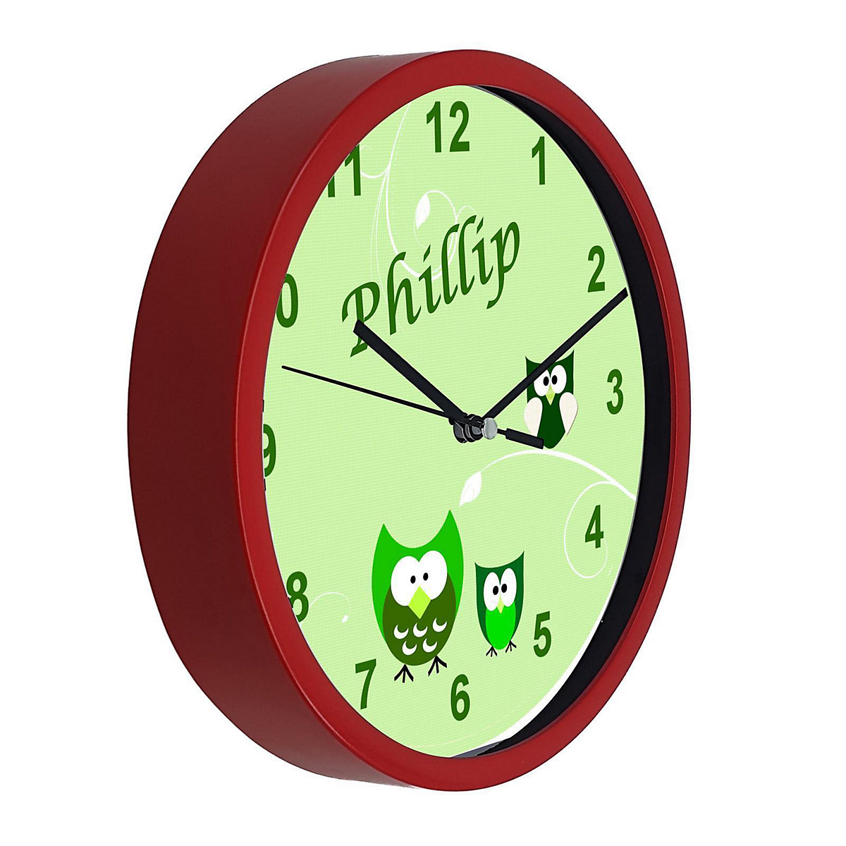Kinder Wanduhr laufruhig personalisiert mit Name Eule Grün