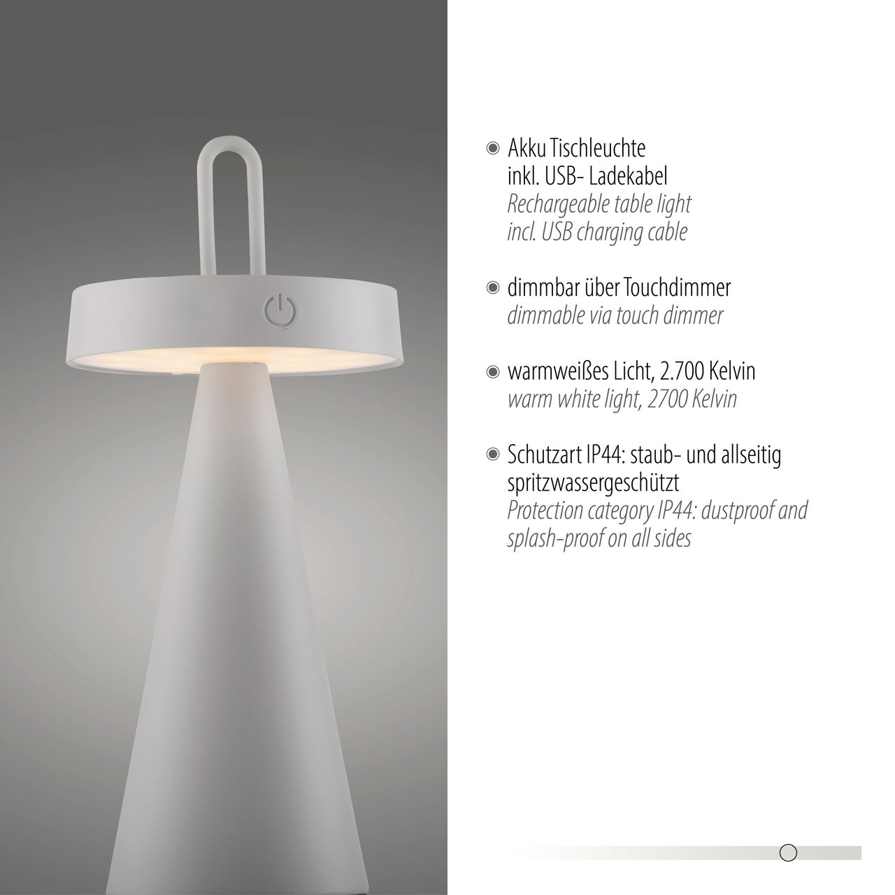 JUST LIGHT Akku Tischleuchte ALWA, 1x LED-Board/1,50Watt/2700Kelvin, IP44, Greige