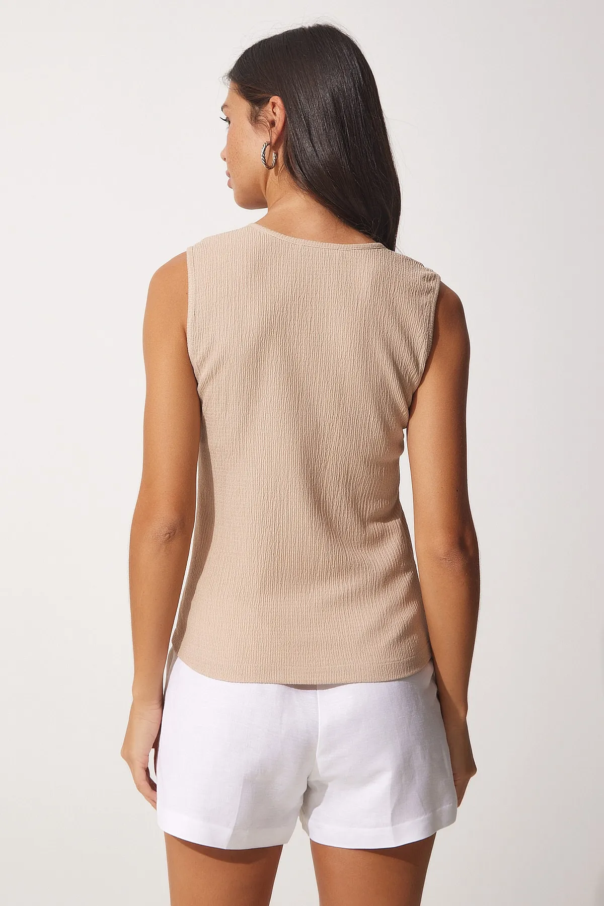 Happiness İstanbul  Damen-Strickbluse mit quadratischem Kragen in Beige, DD01200