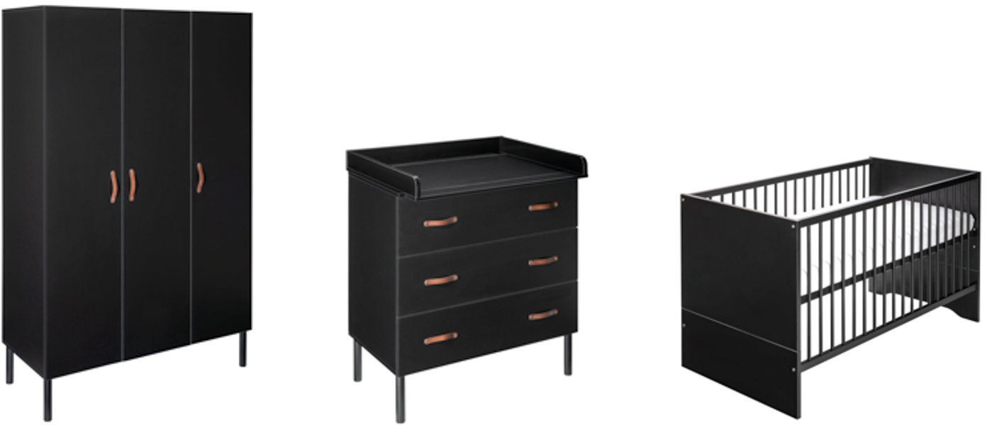 Schardt Babyzimmer-Komplettset Camiel Black, (3-St., Kinderbett, Schrank, Wickelkommode), mit Kinderbett mit Umbauseiten, 3-trg. Schrank und Wickelkommode