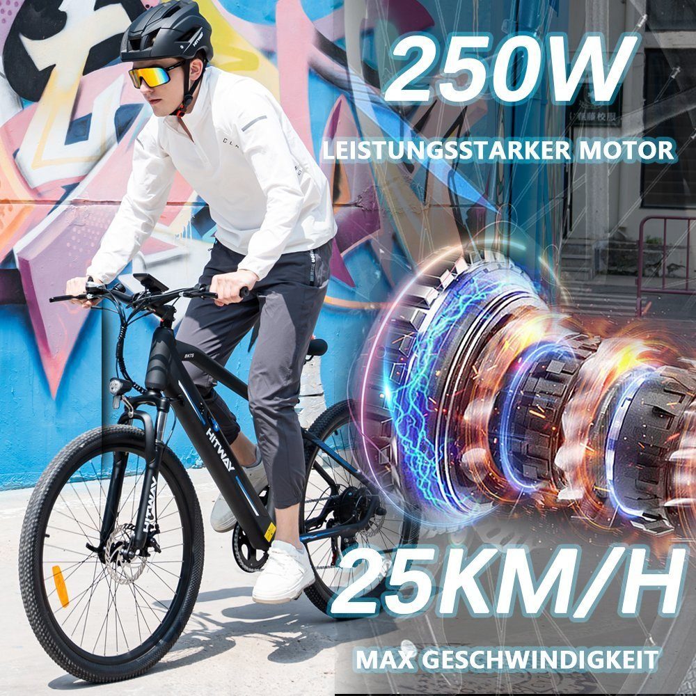 HITWAY E-Bike Elektrofahrrad 26 Zoll Pedelec E-Citybike 36V 12Ah, 7 Gang Shimano Shimano Schaltwerk, Kettenschaltung, Heckmotor, 432 Wh akku, 35-90km Hardtail E-MTB Pedalassistenzmodus Shimano 7 GANG