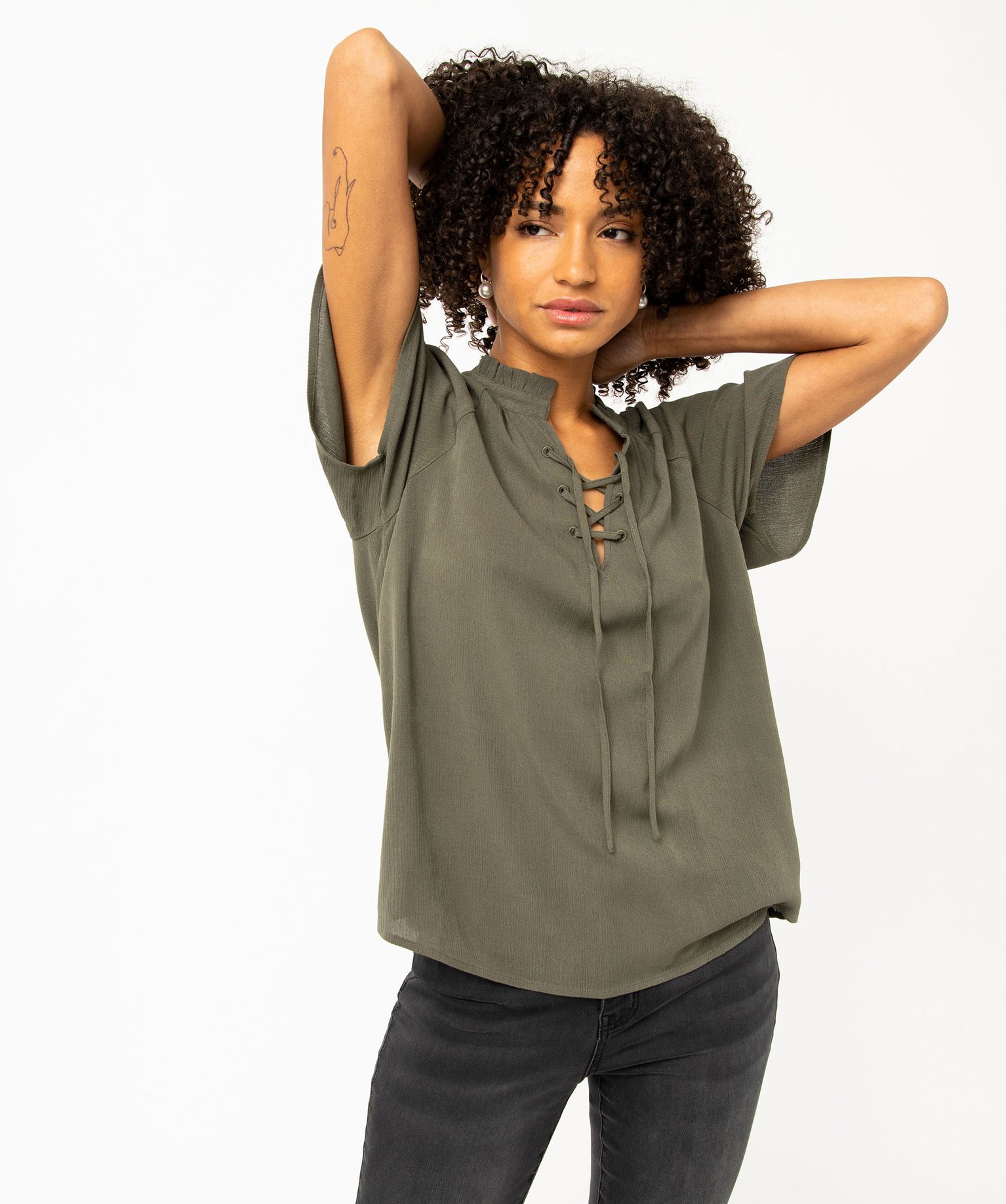 Blouse à manches courtes en crêpe de viscose uni femme vert | GEMO