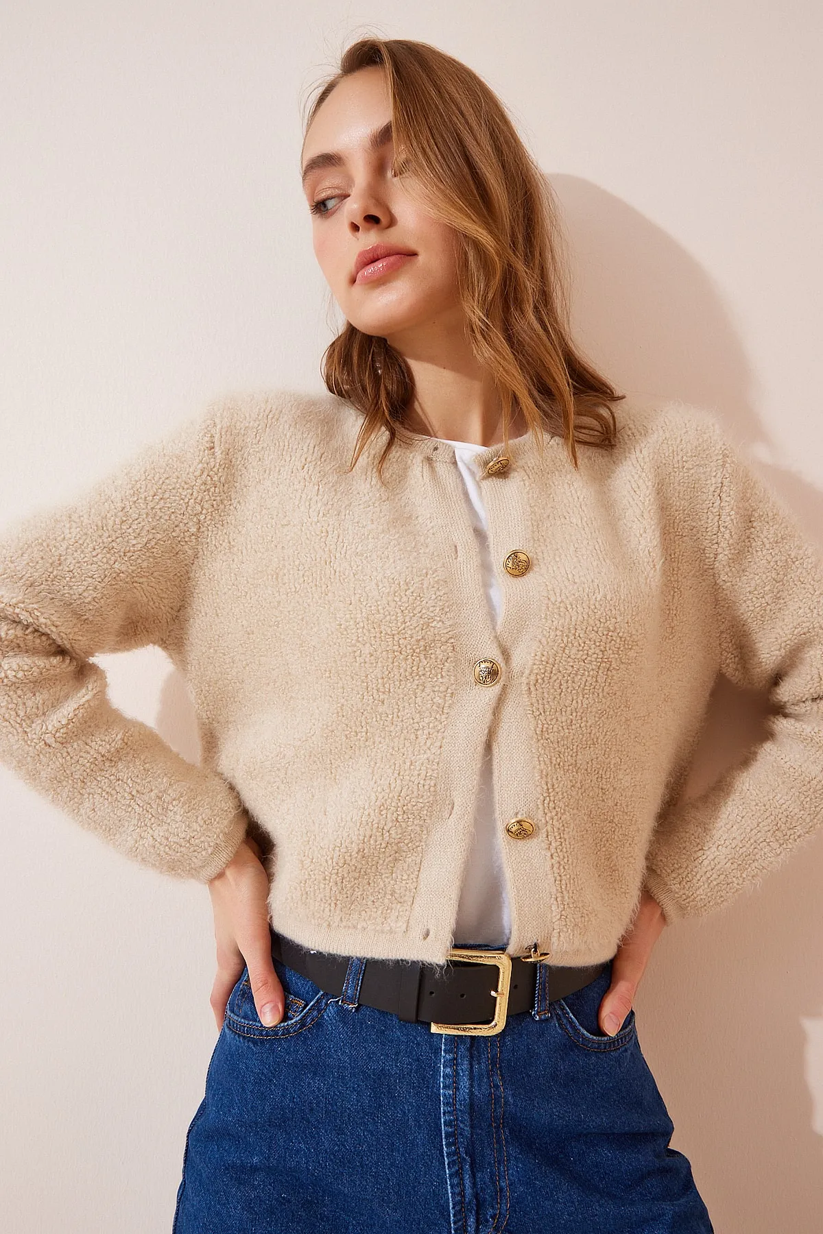 Happiness İstanbul  Damen Dunkelcreme Bouclé Strickjacke Cardigan YY00117