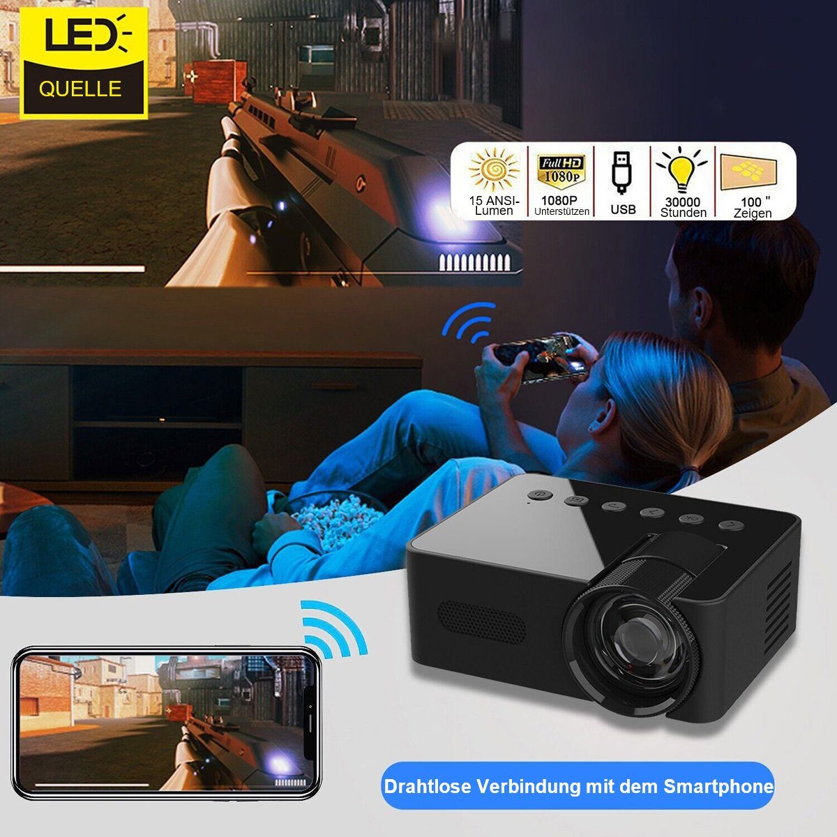 Yoyaxi Home Black Micro tragbarer Mini-Projektor LED-Beamer (Drahtlose HD-Projektion für kleine Mobiltelefone für zu Hause)