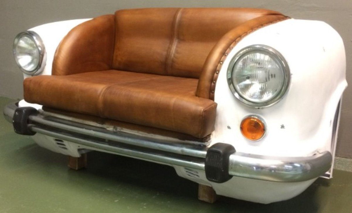 Casa Padrino Kindersofa Designer Autosofa Cognacfarben / Weiß / Silber 158 x 70 x H. 83 cm - Wohnzimmer Sofa im Auto Design - Wohnzimmer Auto Möbel