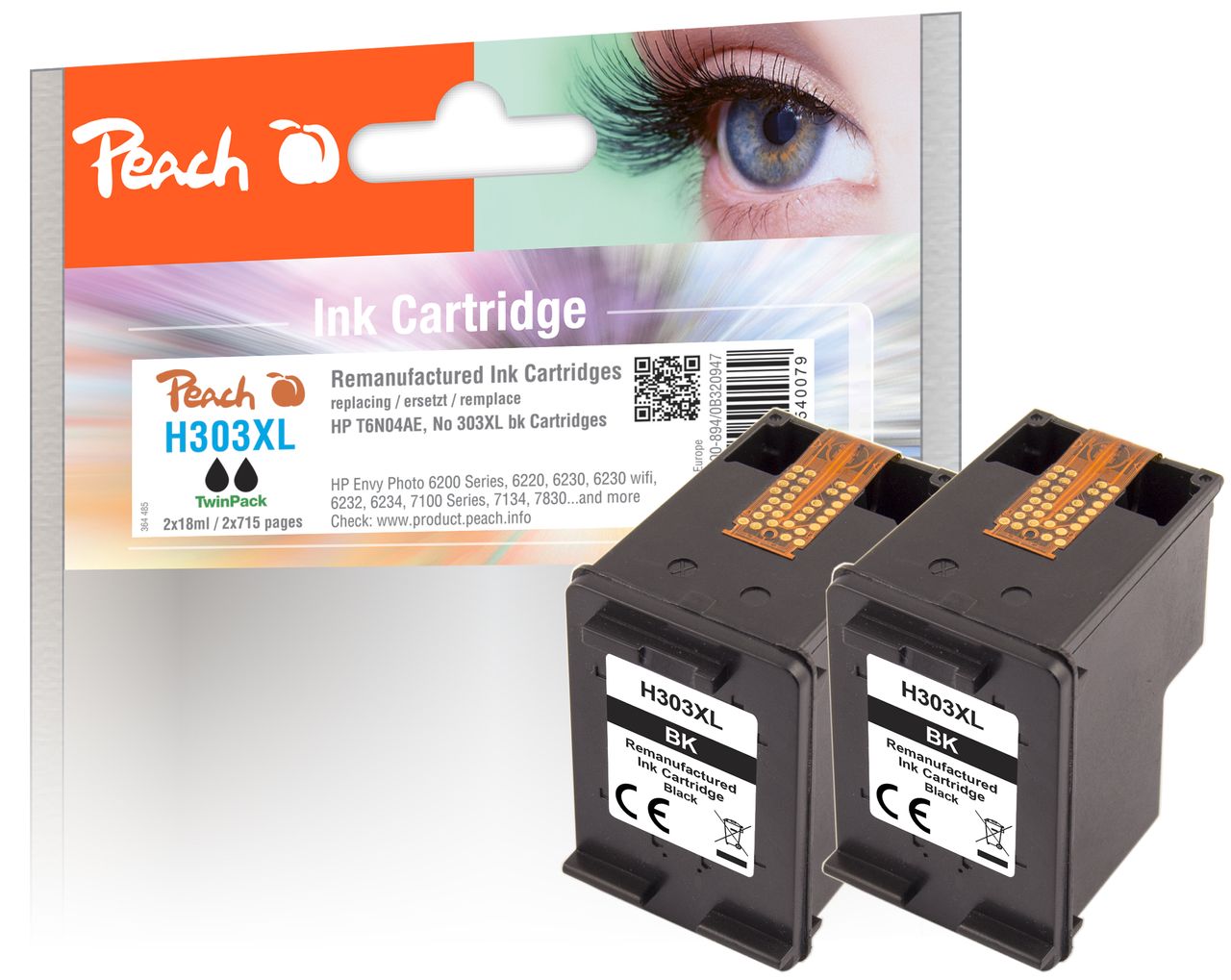Peach 2 x Druckköpfe schwarz ersetzt HP No. 303XL BK*2