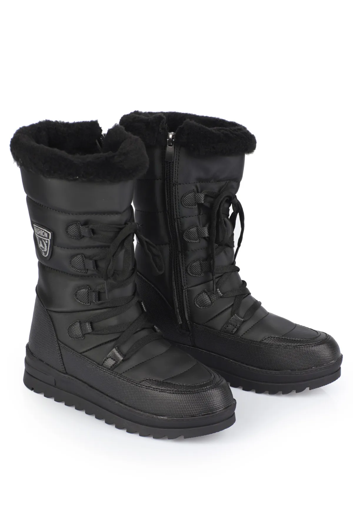 Capone Outfitters  Damen-Schneestiefel mit Trak-Sohle, seitlichem Reißverschluss, Pelzkragen, Schnürung und Fallschirmstoff