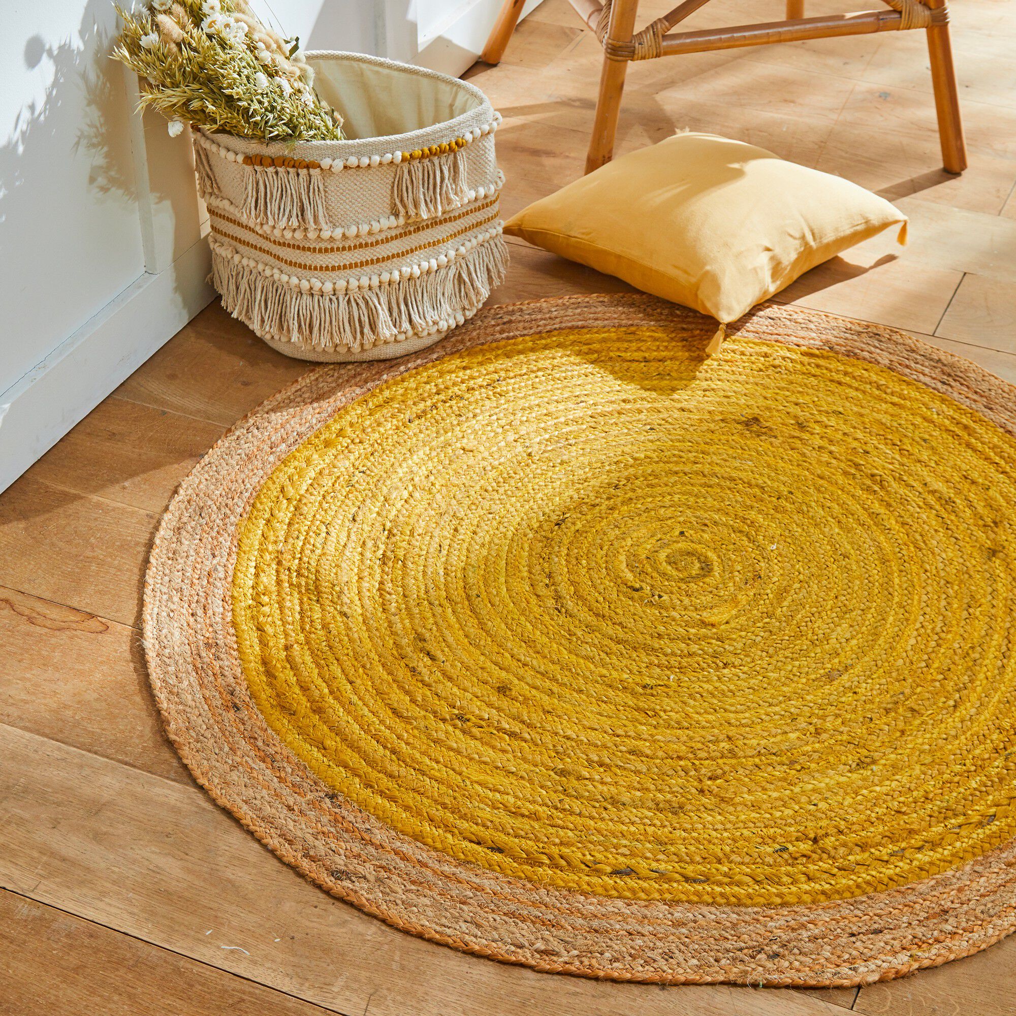 Tapis rond jute bicolore moutarde/naturel