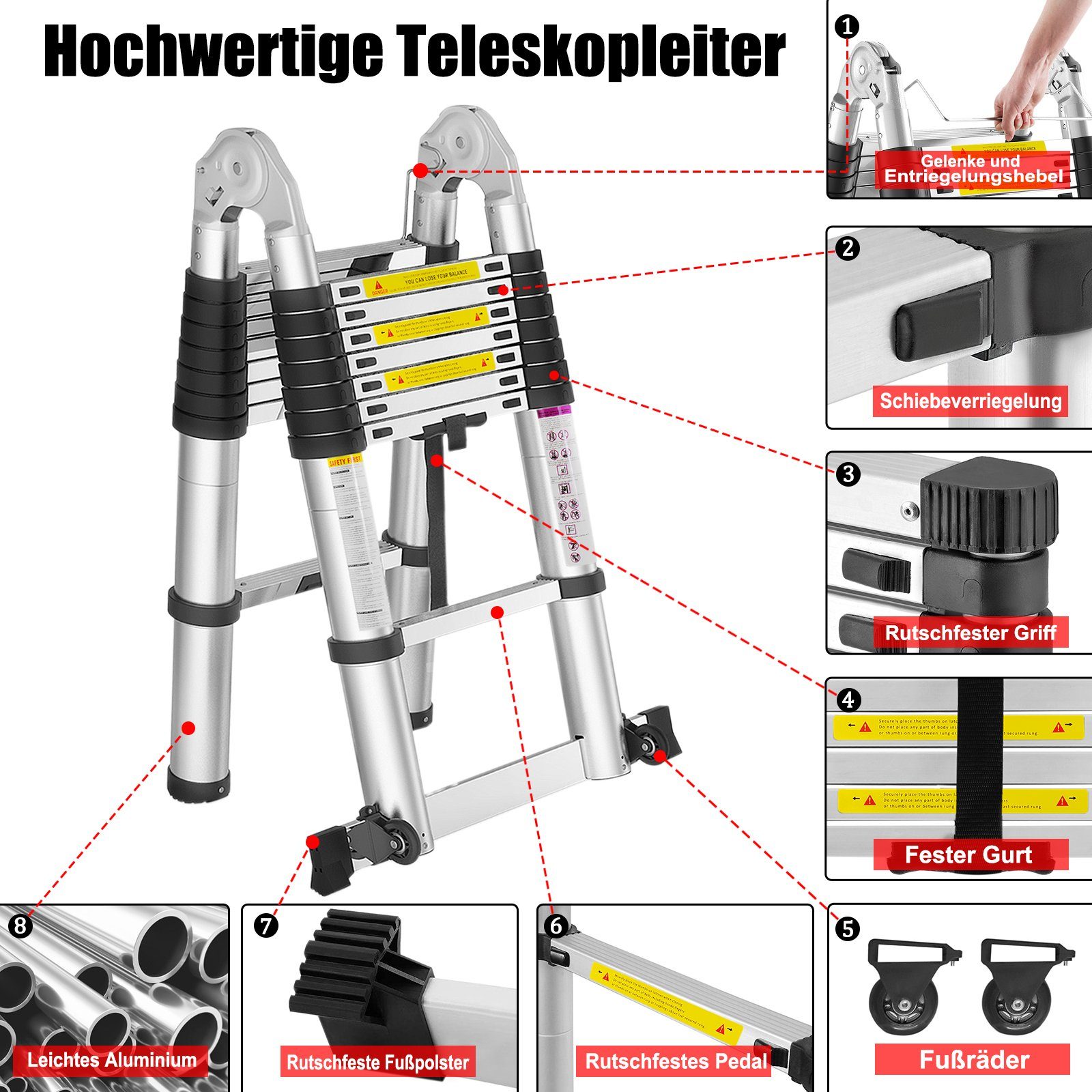 UISEBRT Teleskopleiter Klappbar Aluminiumleiter Ausziehleiter (1,9M+1,9M)
