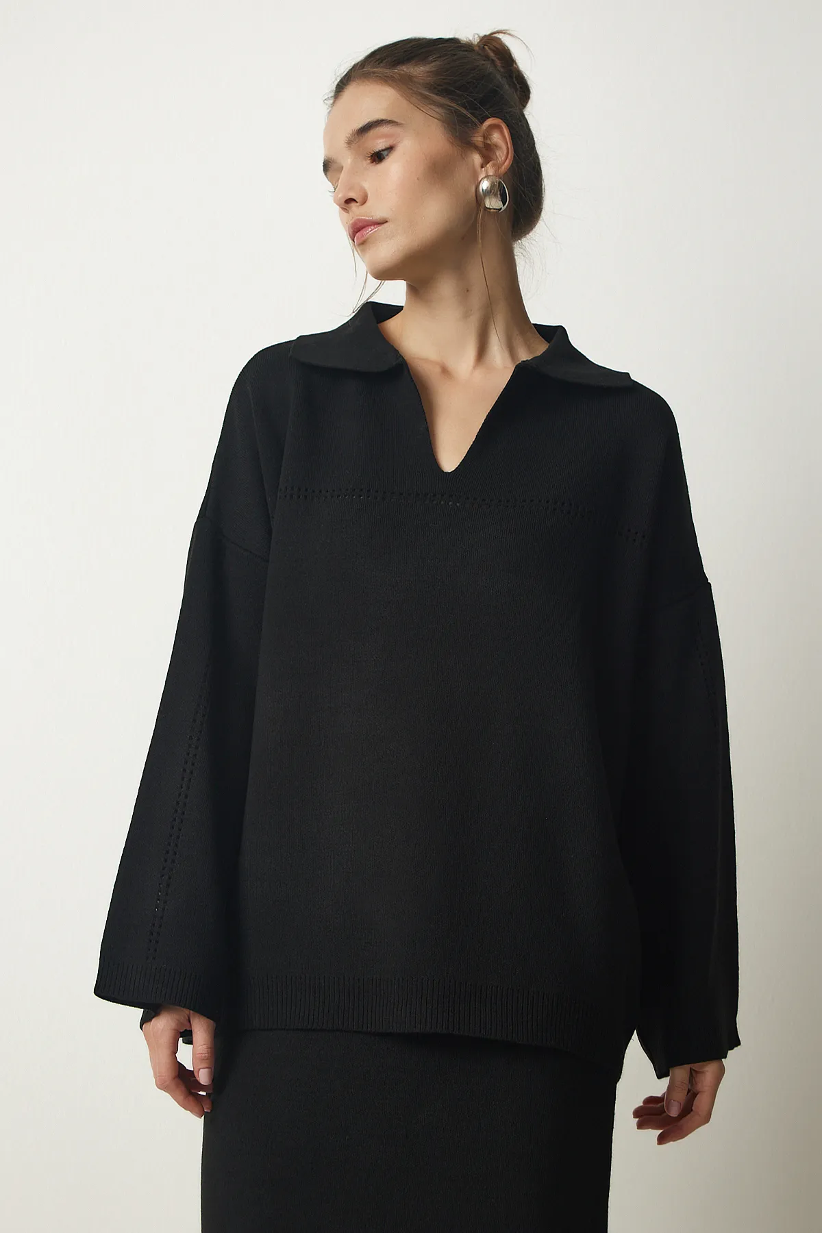Happiness İstanbul  Stilvolles Strickpullover-Rock-Set mit Polokragen und schwarzem Damen YY00186