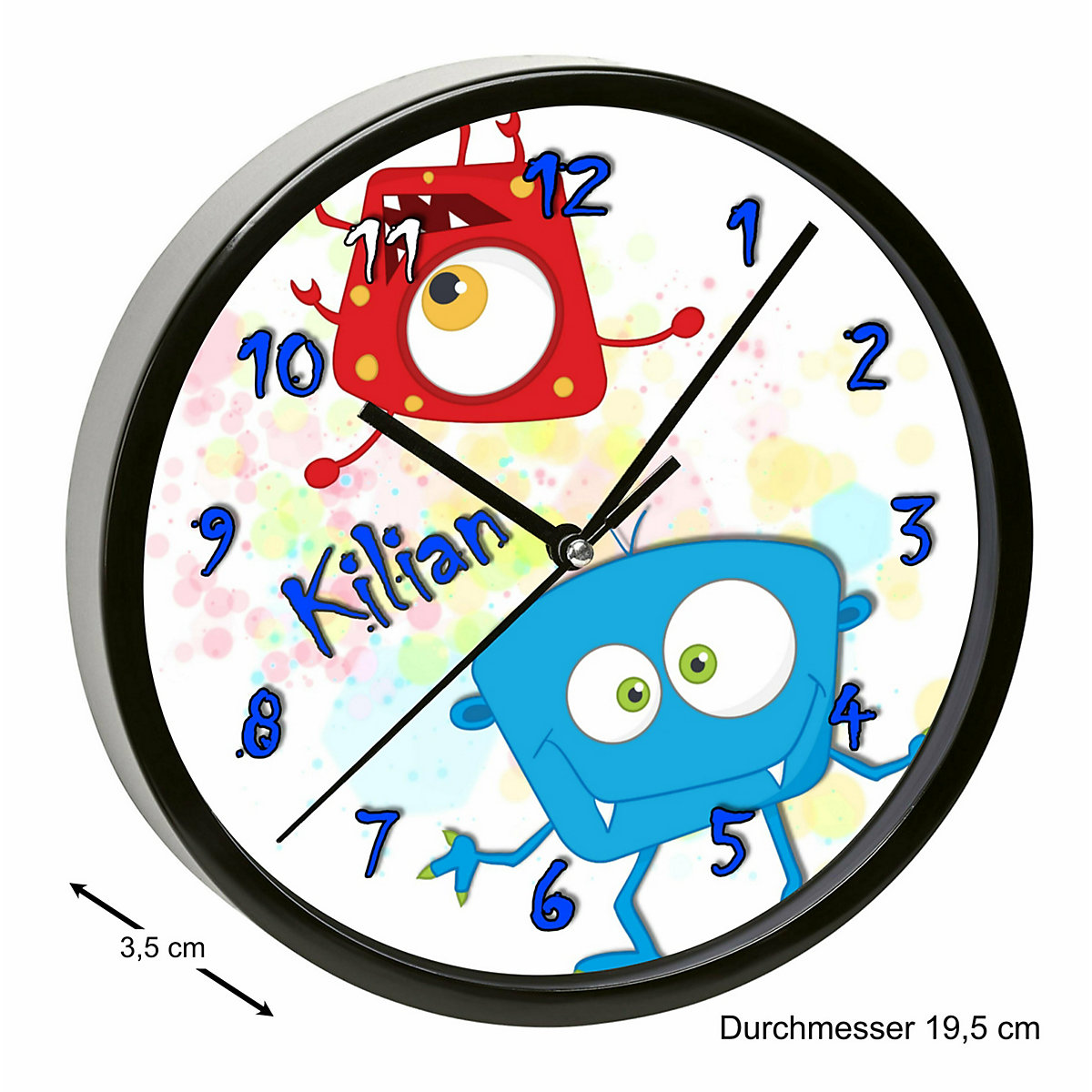 Kinder Wanduhr personalisiert mit Name Monster Farbkleks