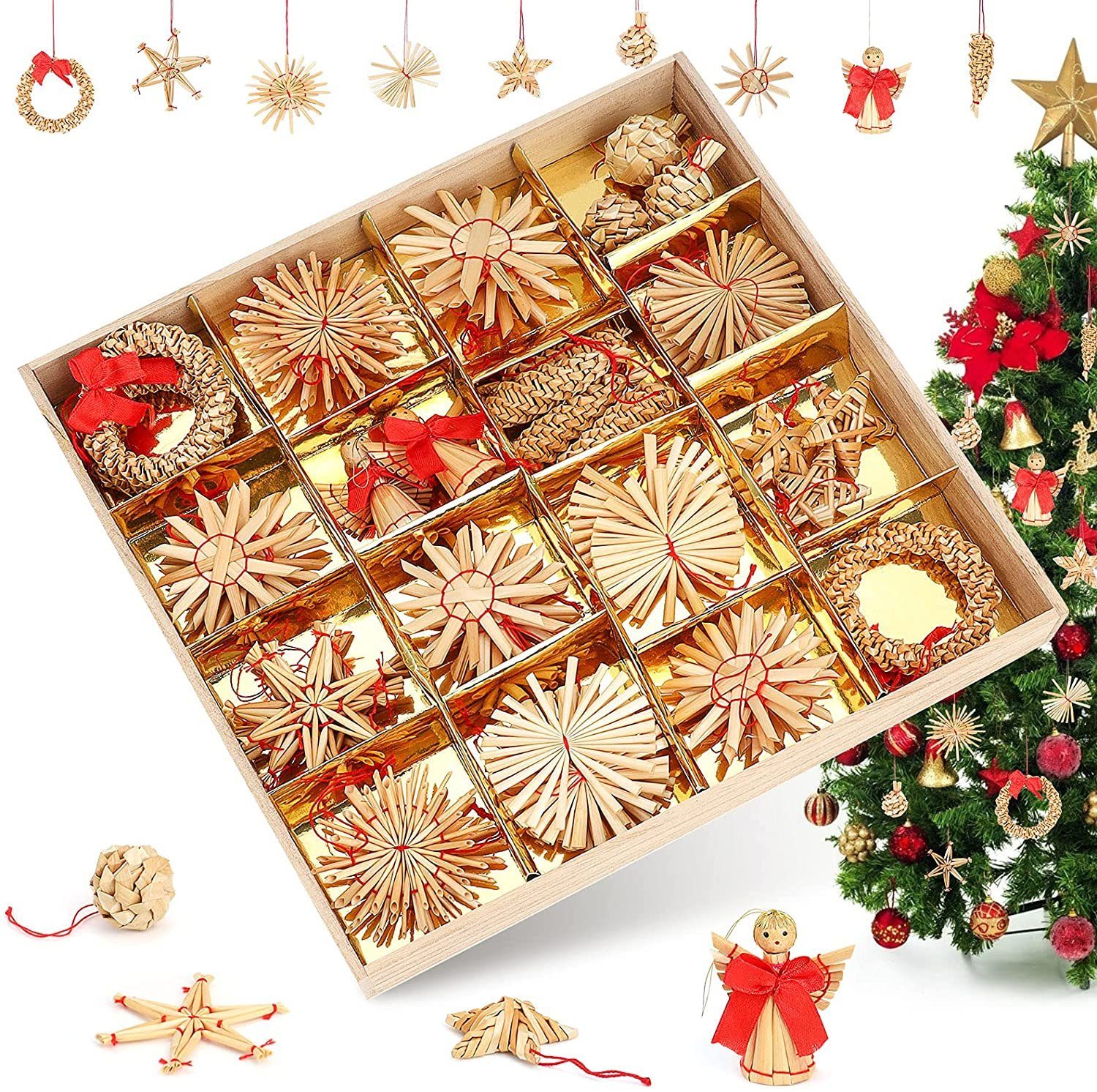 TAN.TOMI Christbaumschmuck Christbaumanhänger Strohsterne Bastel-Set Natur Weizenstroh Christbaumschmuck Geschenk Fenster Deko handgefertigte Strohschmuck 54-tlg, Natürlicher Umweltschutz,handgefertigt