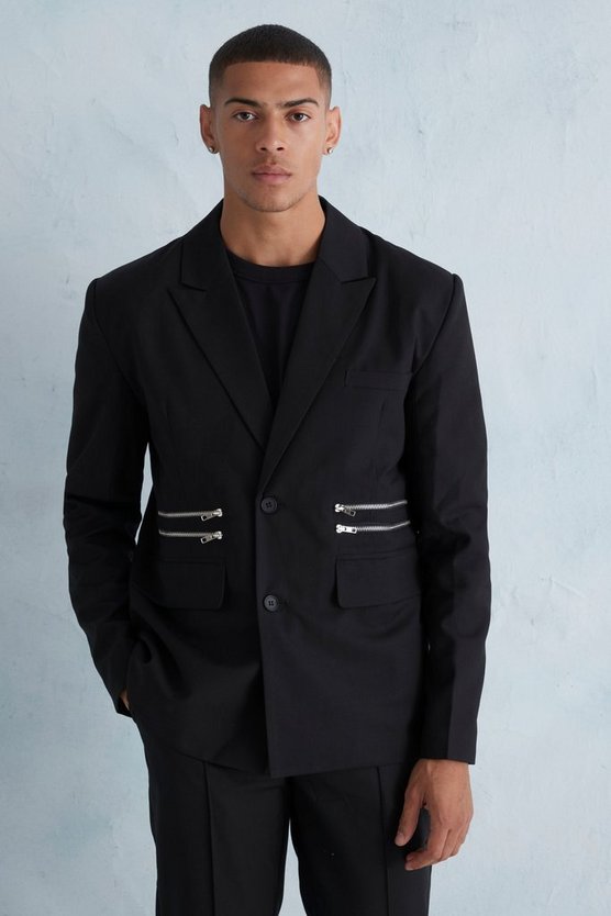 Kastige Oversize Anzugjacke mit Reißverschluss