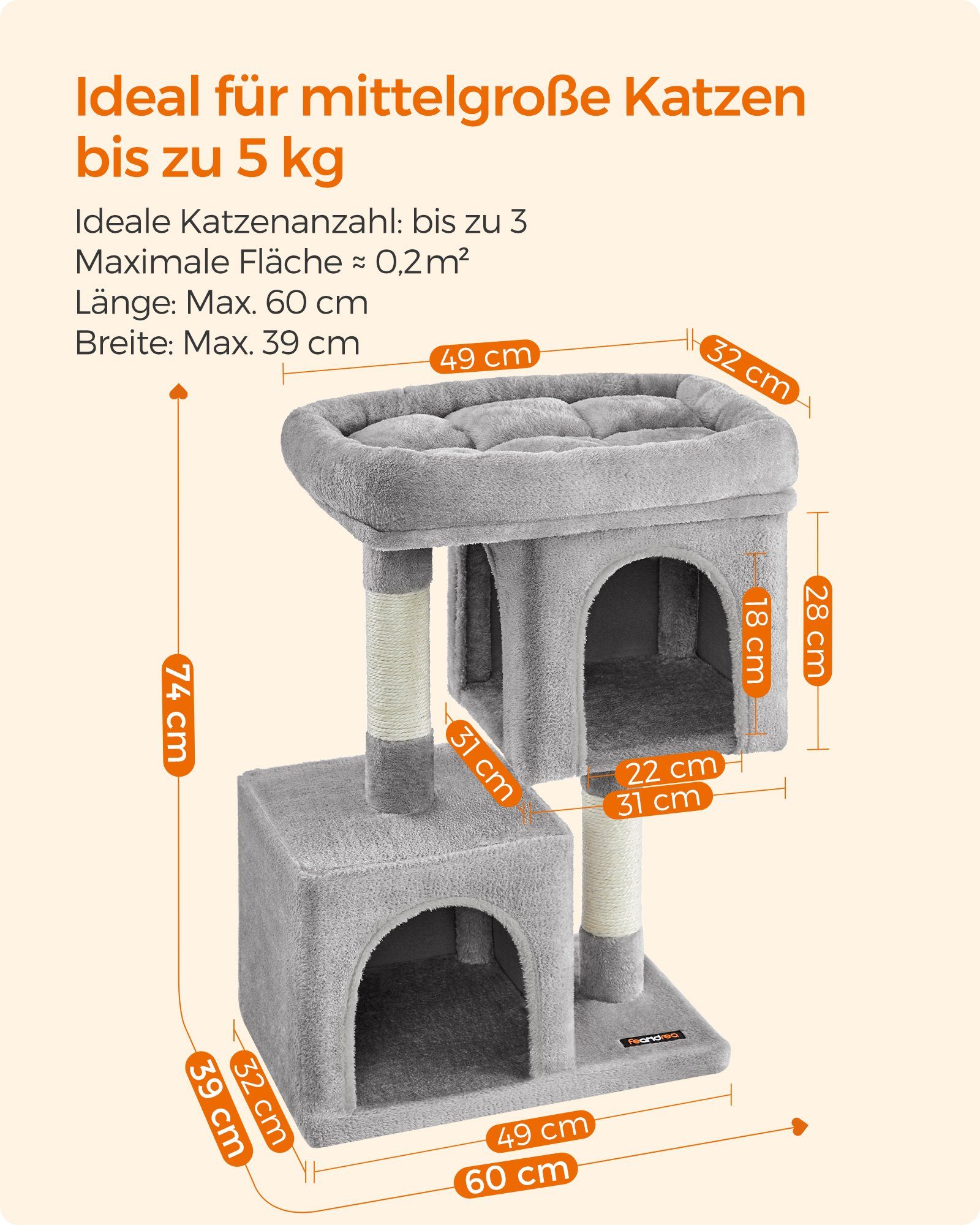 FEANDREA Kratzbaum, M/L Katzenbaum, mit 2 Häuschen, Sisalstämme, kompakt