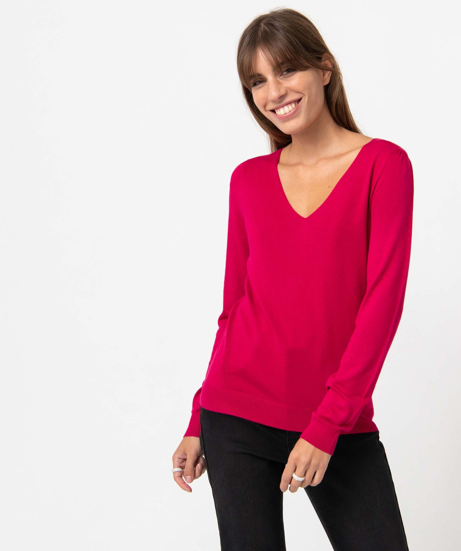 Pull femme en maille fine à col V rose | GEMO
