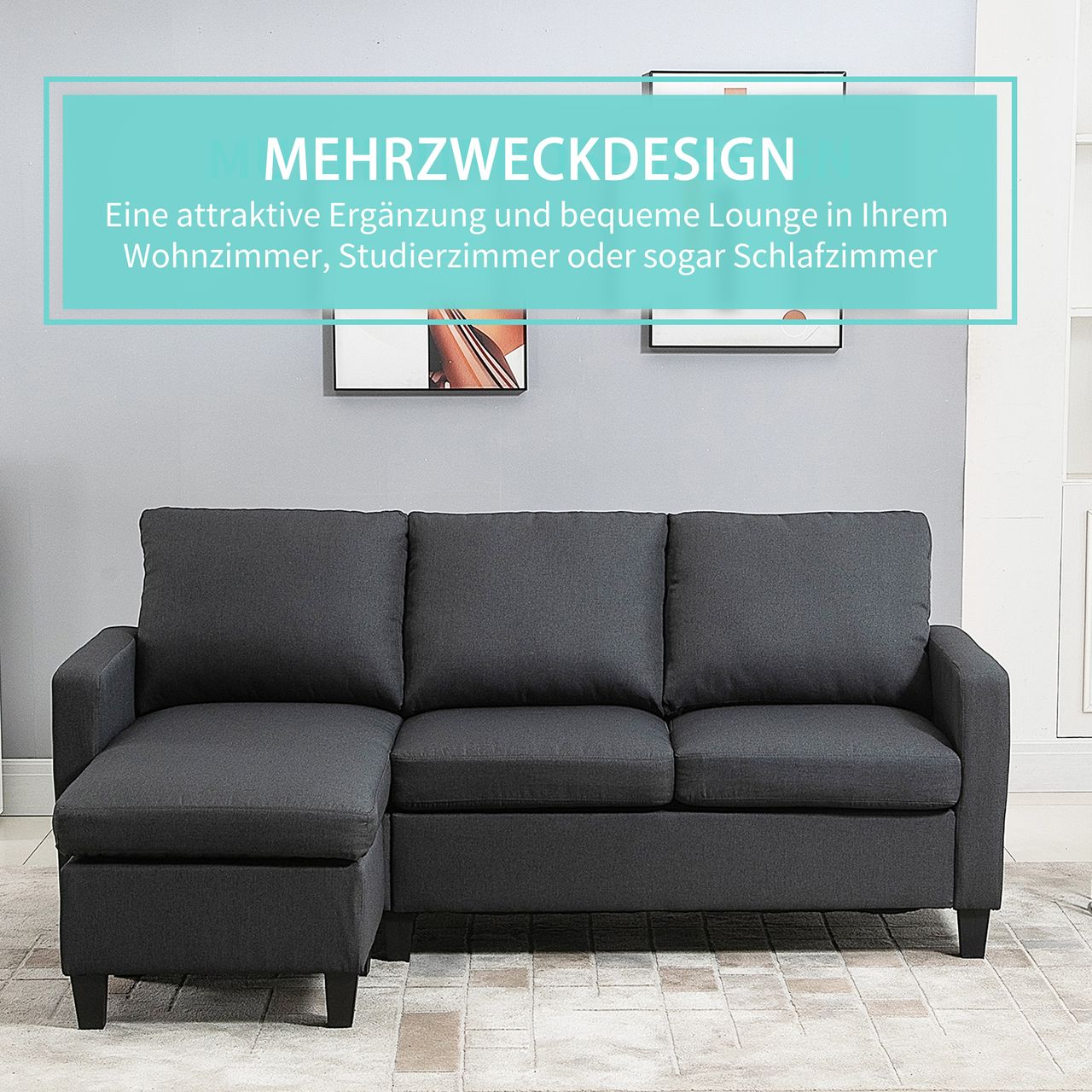 HOMCOM Ecksofa Stoffsofa Eckcouch Couchgarnitur mit wendbarer Chaiselongue L-Form Leinen Dunkelgrau 197 x 139 x 91 cm