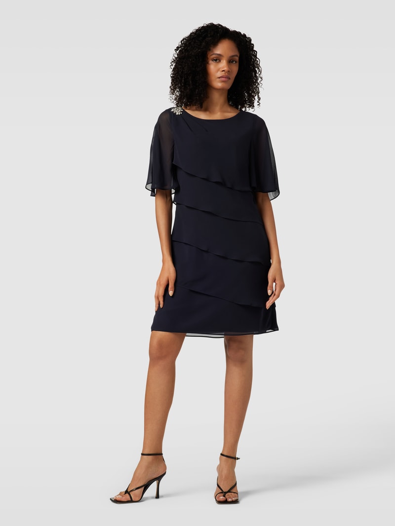 Knielanges Cocktailkleid mit Volants in marineblau meliert